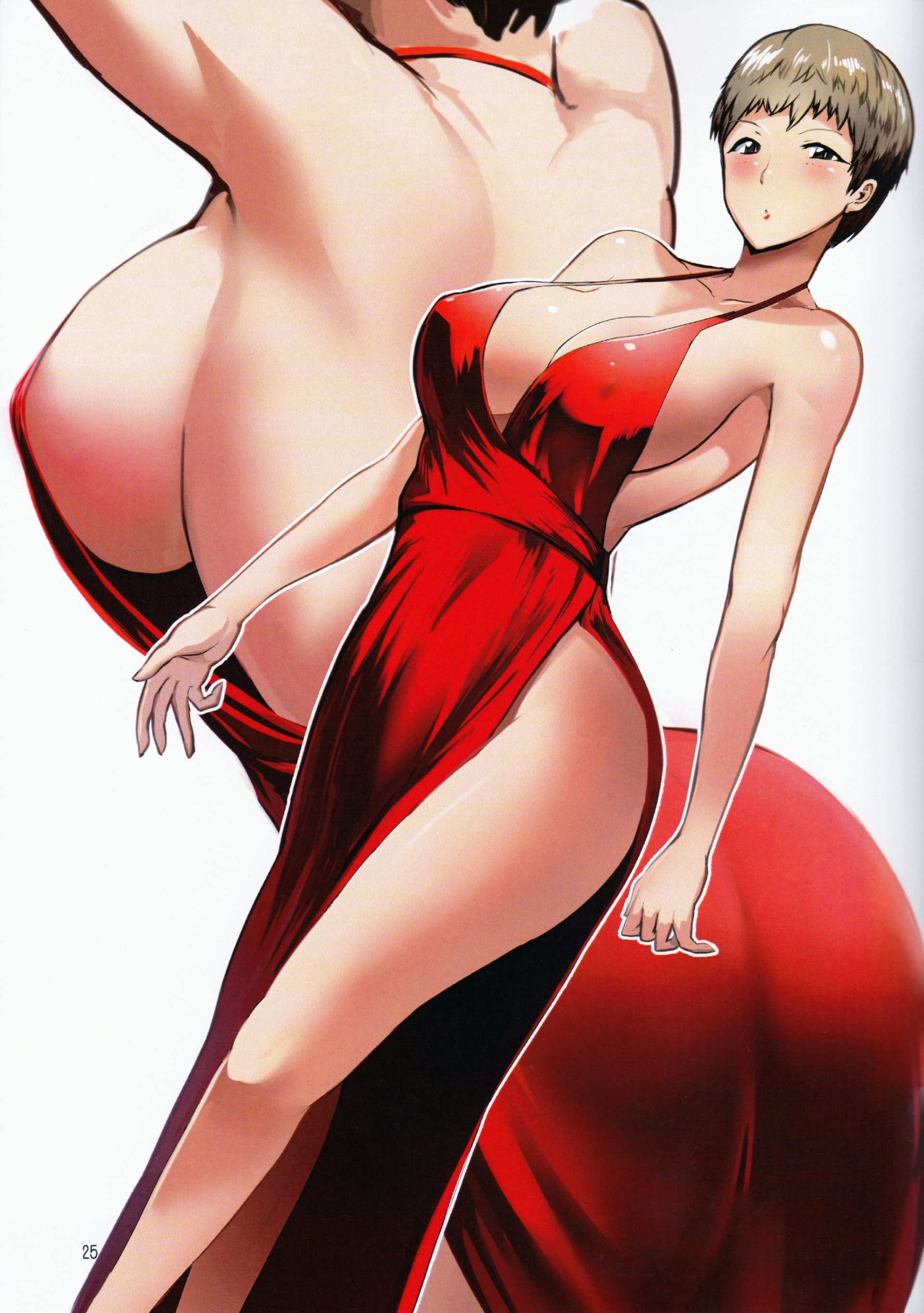 arms up, ass, ass in dress, back, backless dress, backless outfit, bangs, blush, breasts, brown eyes, brown hair, cleavage, closed mouth, covered nipples, dress, dutch angle, evening gown, female, formal, girls und panzer, half-closed eyes, halterneck, high slit dress, large breasts, legs, light frown, long dress, looking at viewer, multiple views, naomi (girls und panzer), no bra, no panties, outline, red dress, sasaki tatsuya, short hair, side slit, sideboob, simple background, single slit dress, slit dress, standing, very short hair, white background, white outline