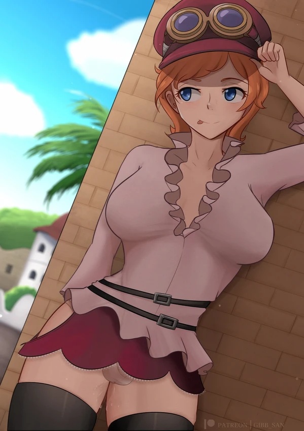 :p, 1futa, balls, balls bulge, big thighs, blue eyes, breasts, clothed, clothing, detailed background, fully clothed, futa only, futanari, gibb san, goggles, goggles on head, hat, human, intersex, koala (one piece), large breasts, light skin, light-skinned futa, one piece, panties, panty bulge, penis, penis bulge, penis in panties, penis under clothes, penis under skirt, pussy, pussy juice string, short hair, skirt, solo, standing, thick thighs, thighhighs, tongue, tongue out