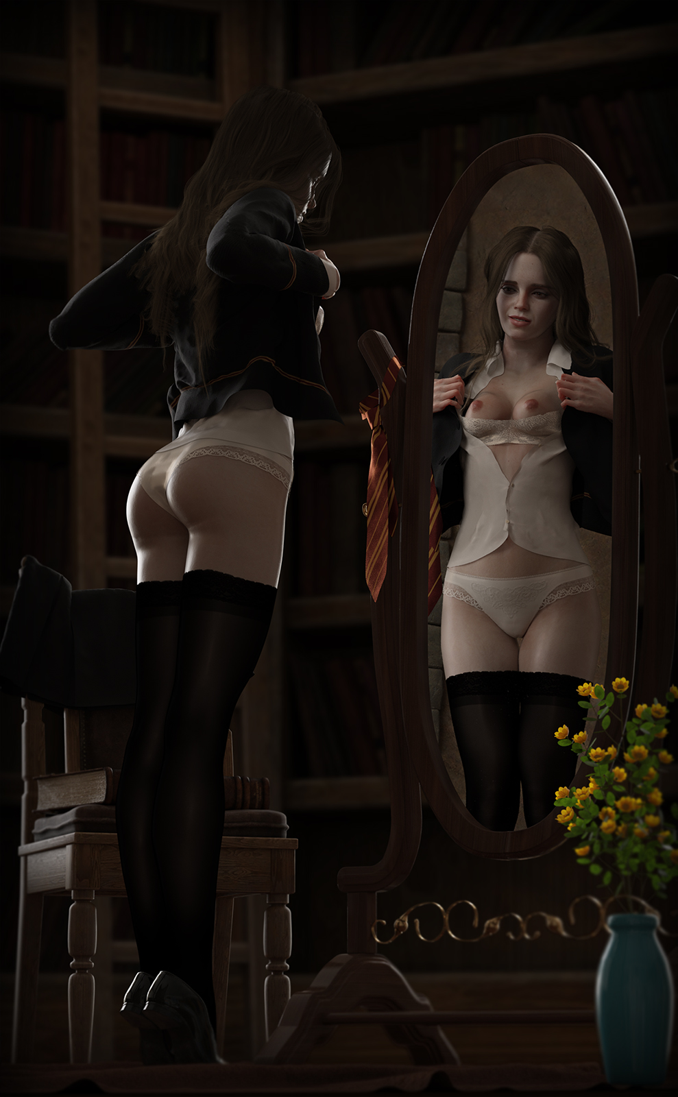 1girls 3d ass background bookshelf bra bra_down breasts brown_hair clothing_aside data_mining emma_watson female female_only flower footwear getting_dressed hair harry_potter hermione_granger human human_only indoors lace lace-trimmed_panties lace-trimmed_thighhighs light_skin long_hair looking_at_mirror looking_at_self mirror nipples open_clothes open_shirt panties parted_lips reflection school_uniform schoolgirl shoes small_breasts socks solo standing stockings student teeth thighhighs tiptoes underwear uniform white_panties white_underwear