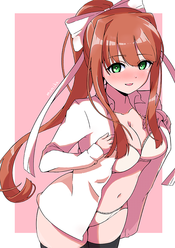 1girls bare_stomach belly_button bending_forward blush blush_lines blushing blushing_at_viewer bra doki_doki_literature_club eye_contact female female_focus female_only green_eyes hair_ribbon legwear looking_at_viewer mizumori monika_(doki_doki_literature_club) navel open_mouth open_shirt panties seductive seductive_gaze seductive_smile shirt solo standing thick_thighs thighhighs thighs undressing white_bra white_panties