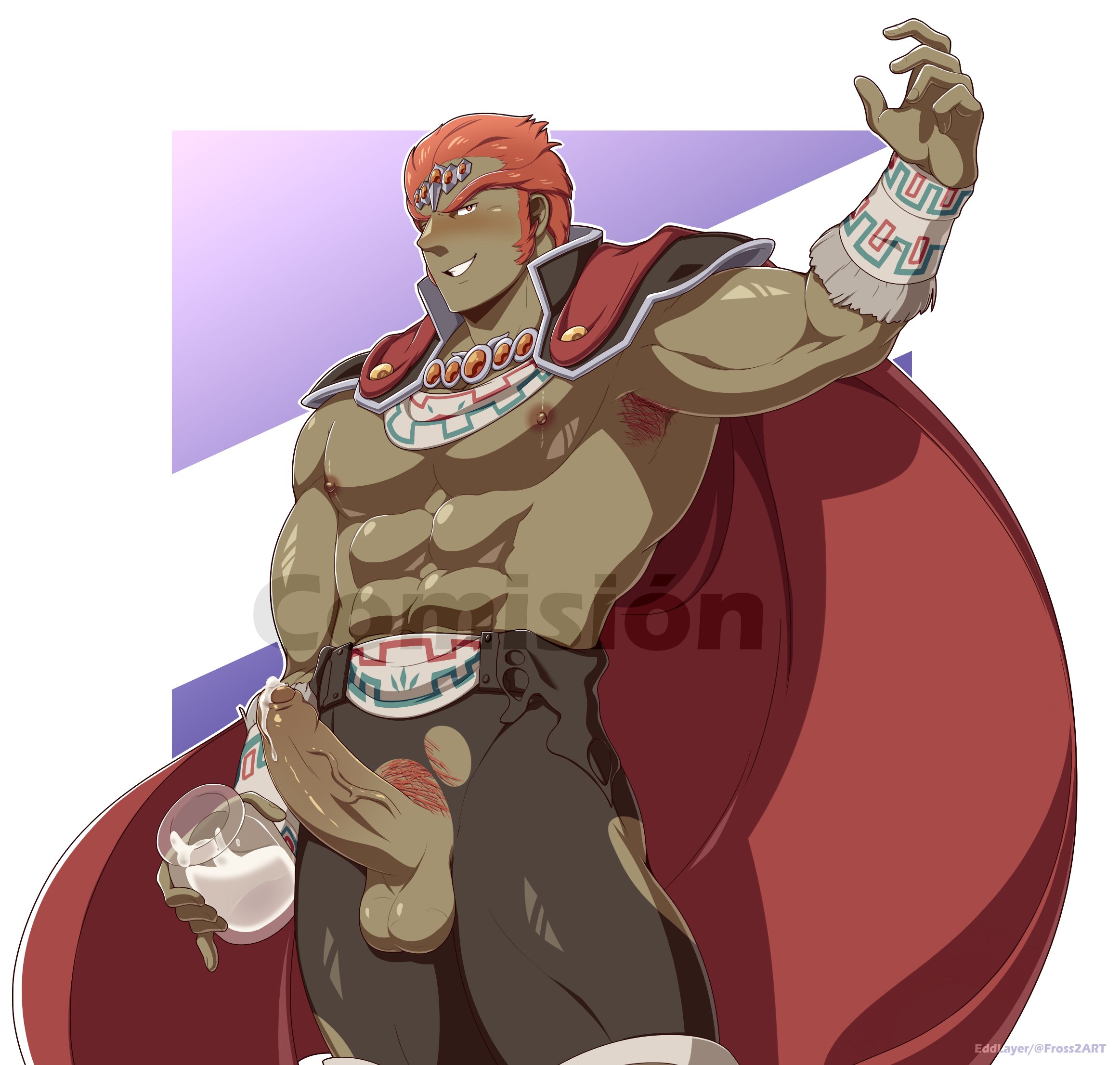 1boy, abs, armpit, armpit hair, balls, bara, big balls, big penis, blush, blushing, boner, cloak, clothed, clothing, cum, cum in glass, edd layerex, erect penis, erection, foreskin, ganondorf, ganondorf (ocarina of time), gay, green body, green skin, male, male only, muscles, muscular, muscular male, nipples, ocarina of time, penis, pubes, pubic hair, solo, solo male, the legend of zelda, uncircumcised, uncut, yaoi