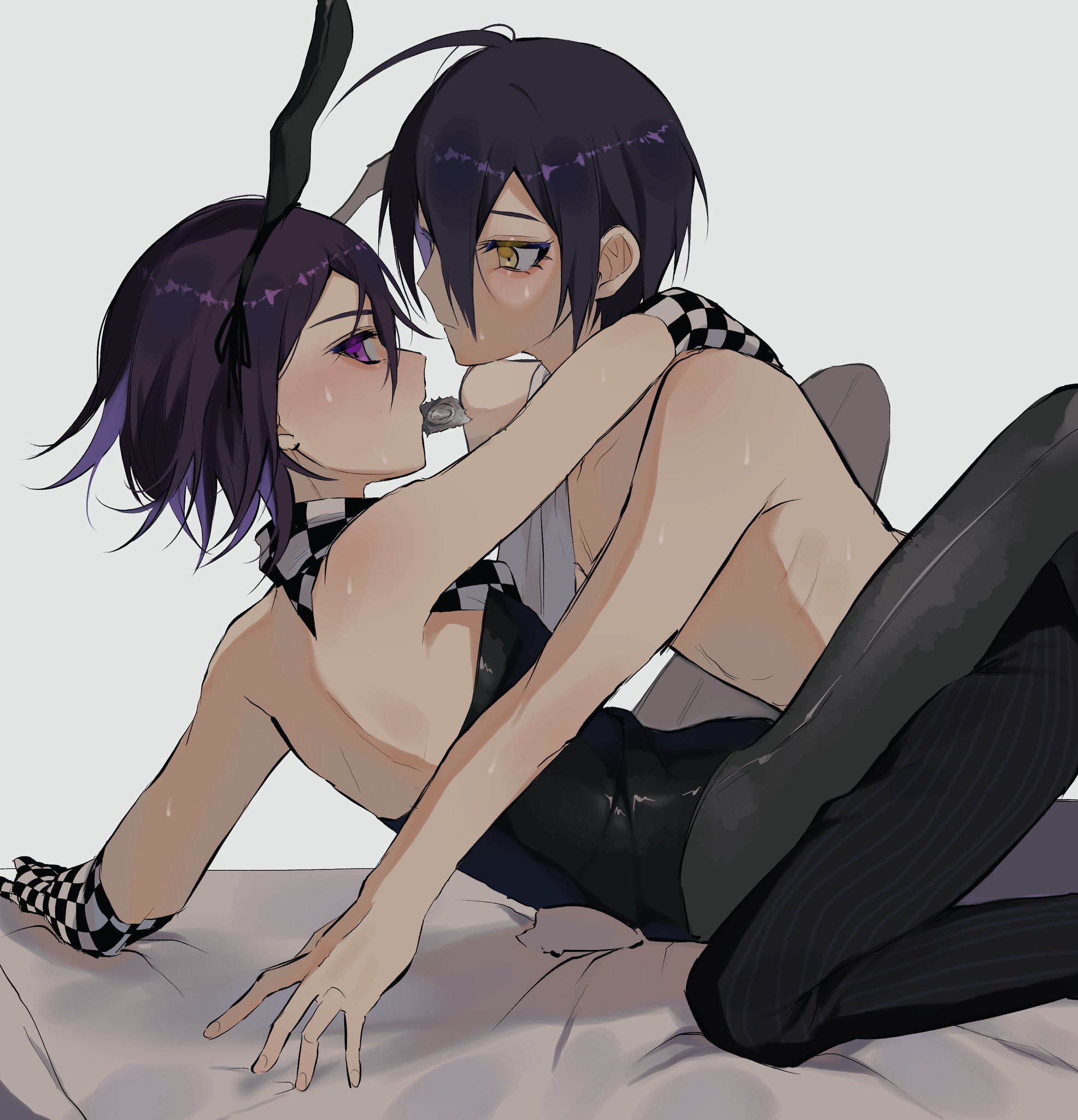 2boys, between legs, bunny boy, bunny ears, bunny tail, bunnysuit, condom, condom in mouth, condom wrapper, danganronpa, danganronpa v3, femboy, gay, gloves, light skin, light-skinned male, looking at another, looking at viewer, male, male only, male/male, on bed, on top, ouma kokichi, purple eyes, purple hair, saihara shuuichi, scarf, straight hair, wrviina, yaoi, yellow eyes