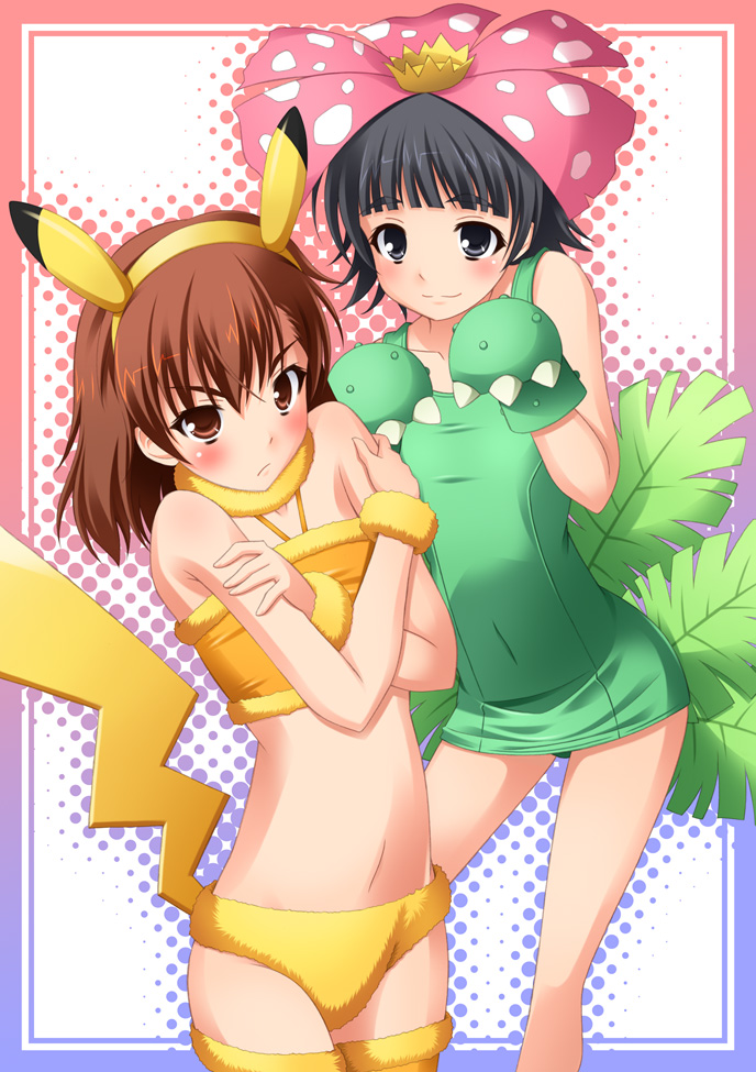 2girls black_eyes black_hair blush brown_hair cosplay covering_chest crossover duo fushigibana_(cosplay) game_freak midriff misaka_mikoto nicci nintendo pikachu_(cosplay) pokemon pokemon_(cosplay) pose short_hair simple_background socks teenage_girl teenager thigh_socks thighhighs to_aru_kagaku_no_railgun to_aru_majutsu_no_index uiharu_kazari venusaur_(cosplay) yellow_socks young