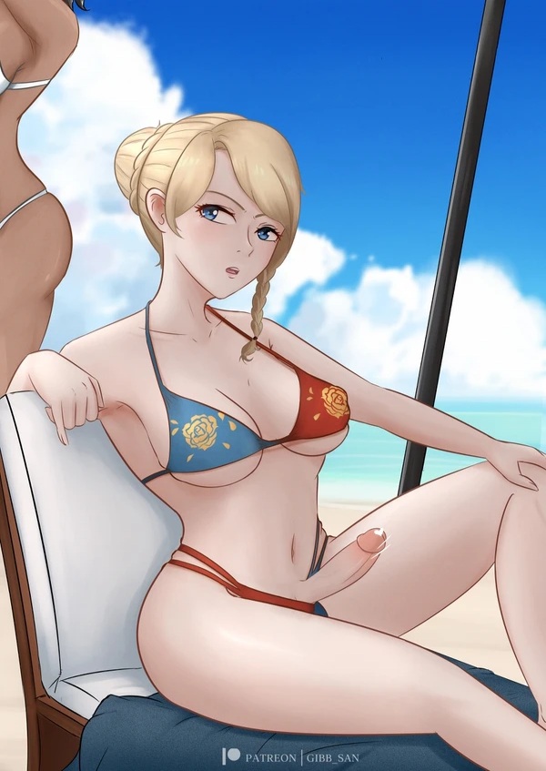 1futa 2021 agitated beach beach_umbrella bikini bikini_bottom bikini_top black_clover blonde_hair blue_eyes breasts censor_bar charlotte_roselei clothed clothing erection futa_focus futanari gibb_san hair_bun human large_breasts laying_on_side light-skinned_futanari looking_at_viewer mostly_nude outdoors penis sitting sitting_on_chair sol_marron solo_focus thick_thighs yellow_hair