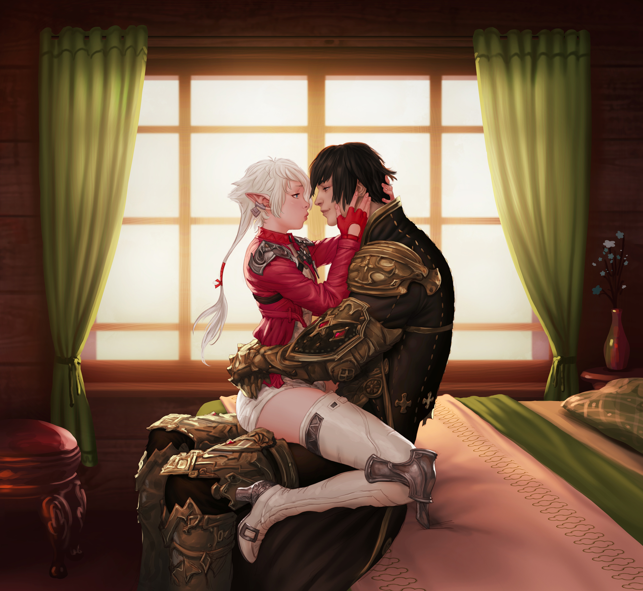 1boy, 1girls, alisaie leveilleur, armor, bed, black hair, blue eyes, braid, clothing, couple, earrings, elezen, elf, female, final fantasy, final fantasy xiv, fingerless gloves, gloves, high resolution, holding, human, humanoid pointy ears, hyur, interspecies, jewelry, joixxx, looking at another, looking at partner, male, male human/female elf, on bed, pointy ears, smile, spread legs, straddling, straight, tied hair, warrior of light (final fantasy xiv), white hair, window
