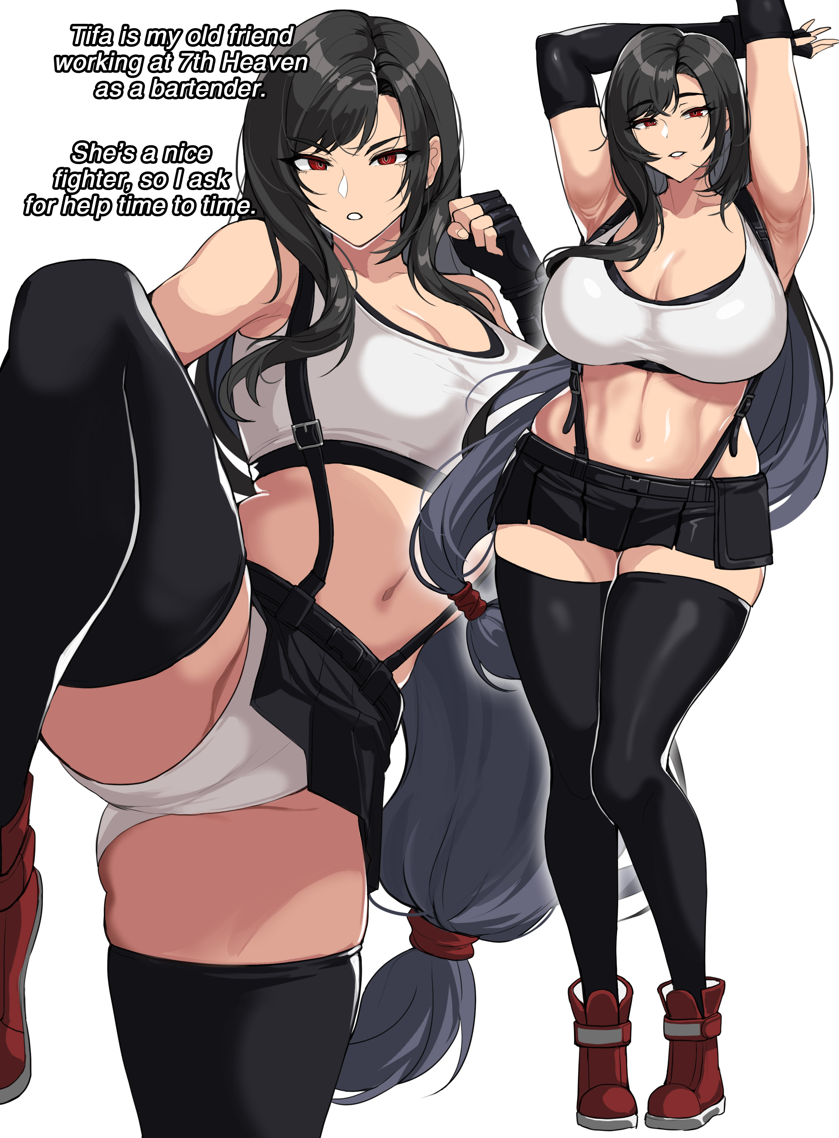 1girls, absurd res, black hair, breasts, breasts between suspenders, cleavage, clothed, clothed female, crop top, drogod (artist), english text, fair skin, fair-skinned female, female, female focus, female only, final fantasy, final fantasy vii, final fantasy vii remake, hi res, hips, huge breasts, light skin, light-skinned female, long hair, midriff, panties, red eyes, short skirt, skirt, slim waist, solo, solo female, solo focus, square enix, suspenders, tank top, text, thick thighs, thighs, tifa lockhart, white panties, wide hips