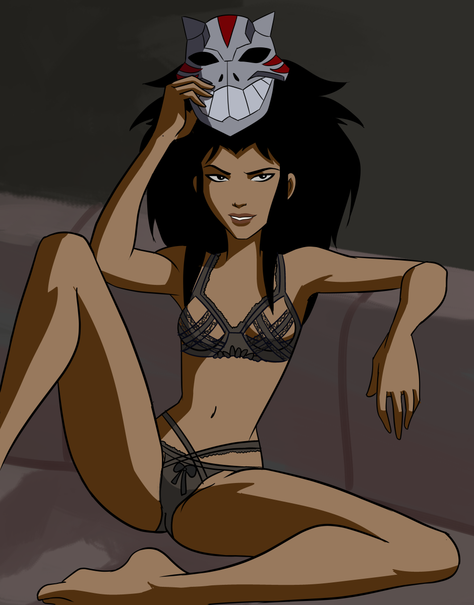 black_hair cheshire dc dc_comics female female_only jade_nguyen lingerie mask on_couch sitting stuff18over villainess young_justice