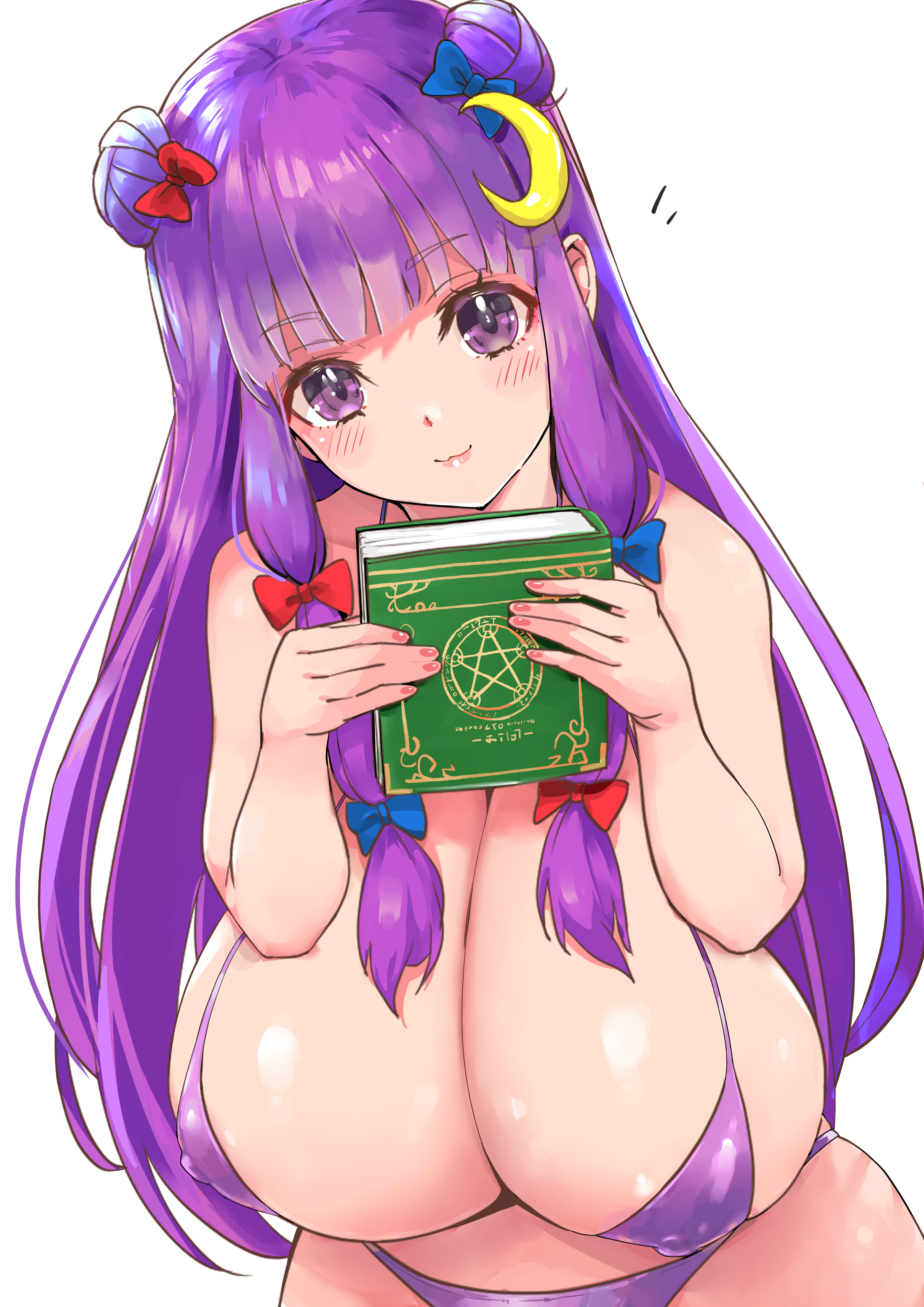 1girls, big breasts, bikini, book, breasts, female, female focus, female only, grimoire, hair ornament, holding, holding book, holding object, huge breasts, kntrs (knyrs), large breasts, long hair, patchouli knowledge, purple hair, smile, solo, swimsuit, tagme, touhou, very long hair