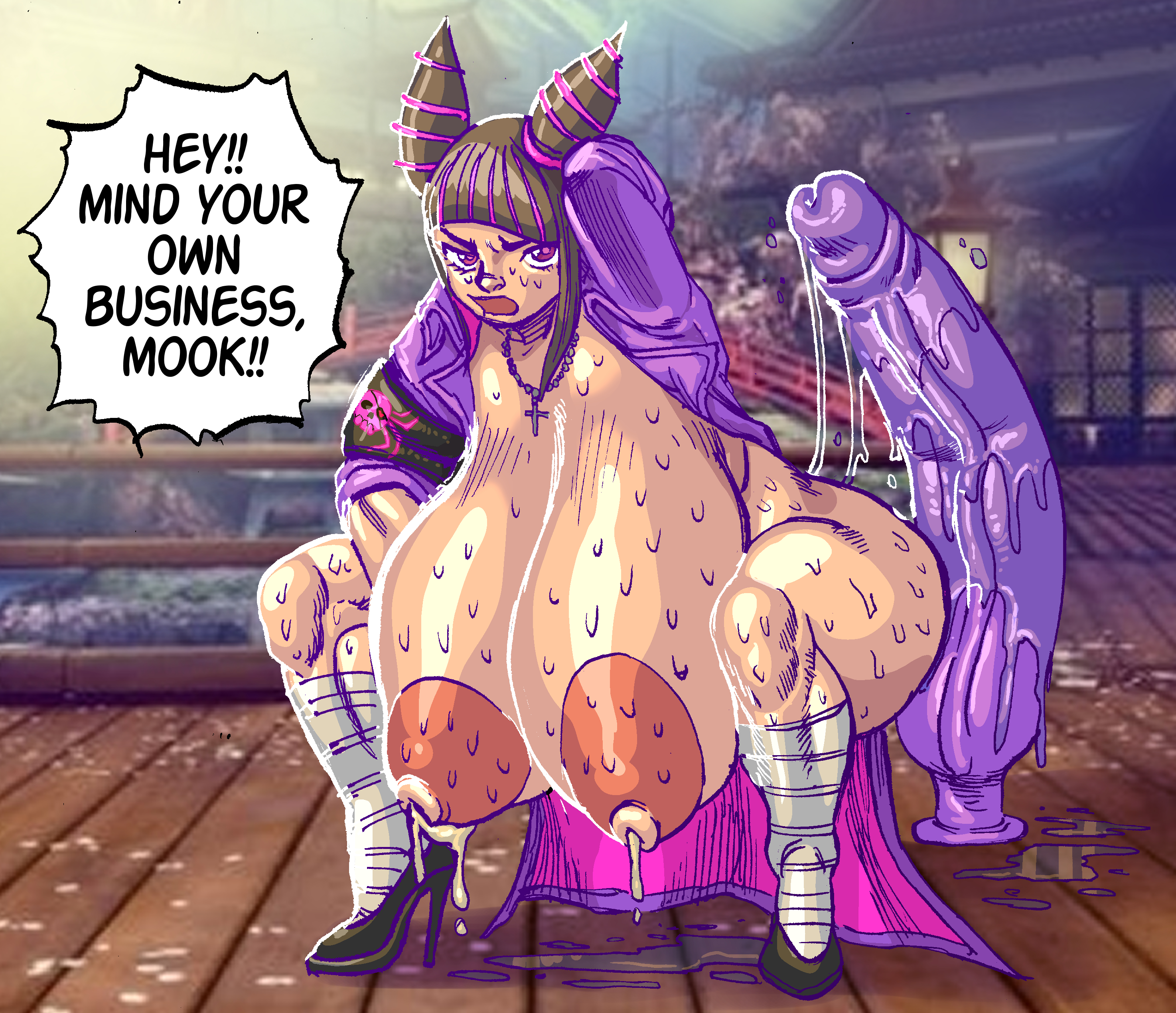 1girls, big breasts, breasts, dildo, female, goudadunn, hi res, huge breasts, insertion, juri han, lactation, masturbation, outside, solo, street fighter, sweat, talking to viewer