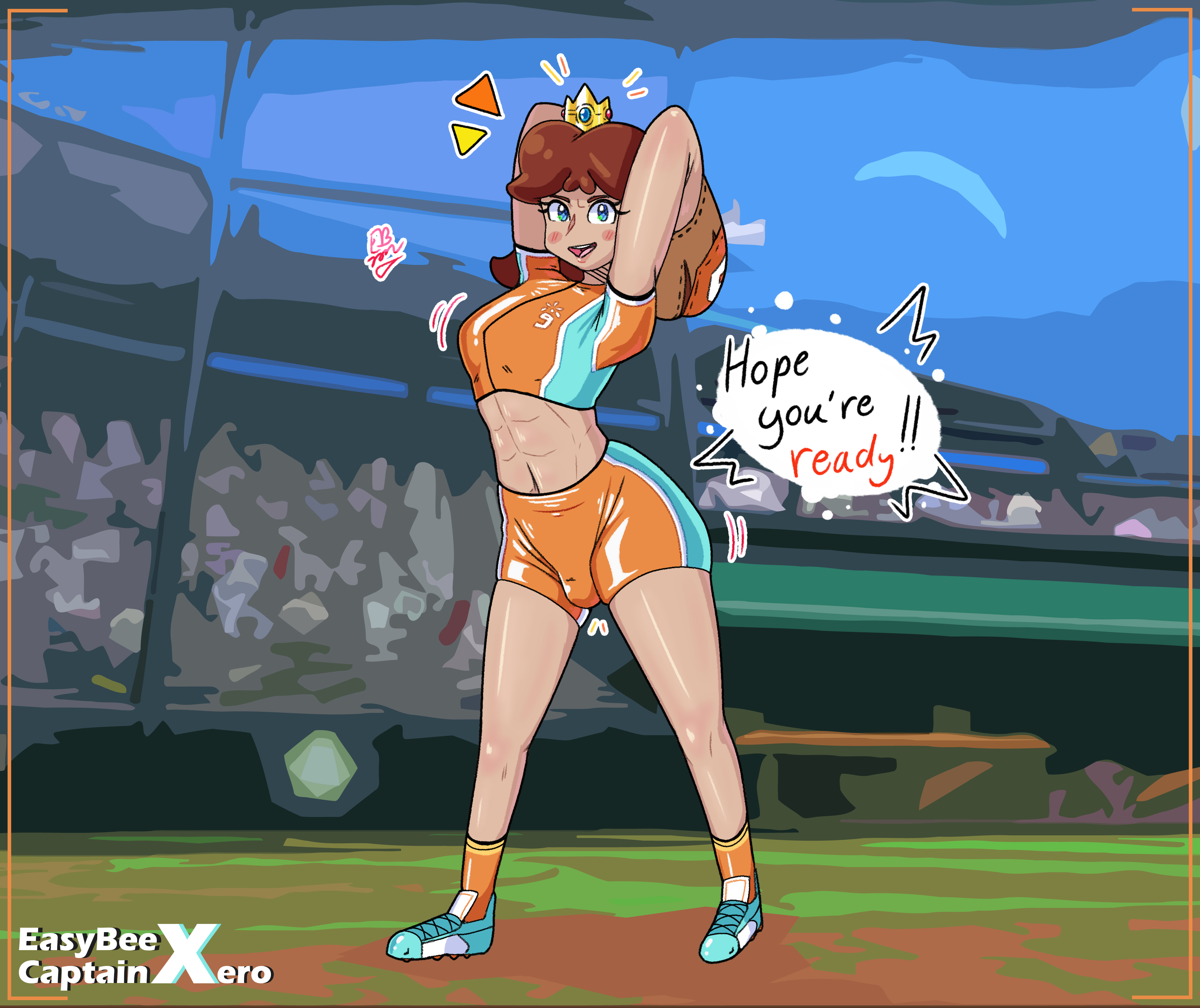 1futa, 2022, ass, baseball, baseball glove, big ass, big thighs, blue eyes, blue sky, breasts, brown hair, bulge, bulge through clothing, clothed, clothing, comic, comic page, crown, dialogue, dirt, easybee, excited, female, fully clothed, futa bulge, futa only, futanari, grass, huge thighs, human, intersex, light skin, light-skinned futa, mario (series), mario strikers, muscles, muscular, muscular female, nintendo, princess daisy, public, shiny, shiny clothes, shiny hair, shiny skin, shoes, solo, stadium, standing, text, text bubble, thick legs, thick thighs, uncensored