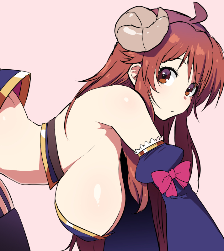 ahemaru ahoge ass ass_cleavage bangs bare_shoulders breasts brown_hair butt_crack curled_horns detached_sleeves eyebrows_visible_through_hair from_side hair_ornament hairclip henriiku_(ahemaru) horns huge_breasts long_hair long_sleeves machikado_mazoku no_bra pink_background profile revealing_clothes ribbon shiny shiny_hair sideboob simple_background upper_body yoshida_yuuko_(machikado_mazoku)