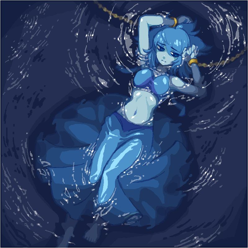 bare_midriff bare_shoulders bare_stomach barefoot belly blue_eyes blue_hair blue_skin bondage bound bound_wrists breasts chained chained_up chains crop_top dokur01 dress female female_focus female_only gold_chain golden_chains groin half-closed_eyes imprisoned lapis_lazuli_(steven_universe) looking_to_the_side lowleg lowleg_skirt midriff navel partially_submerged restrained sad shiny_skin skirt small_breasts solo solo_female solo_focus steven_universe stomach swa660w upset water wet