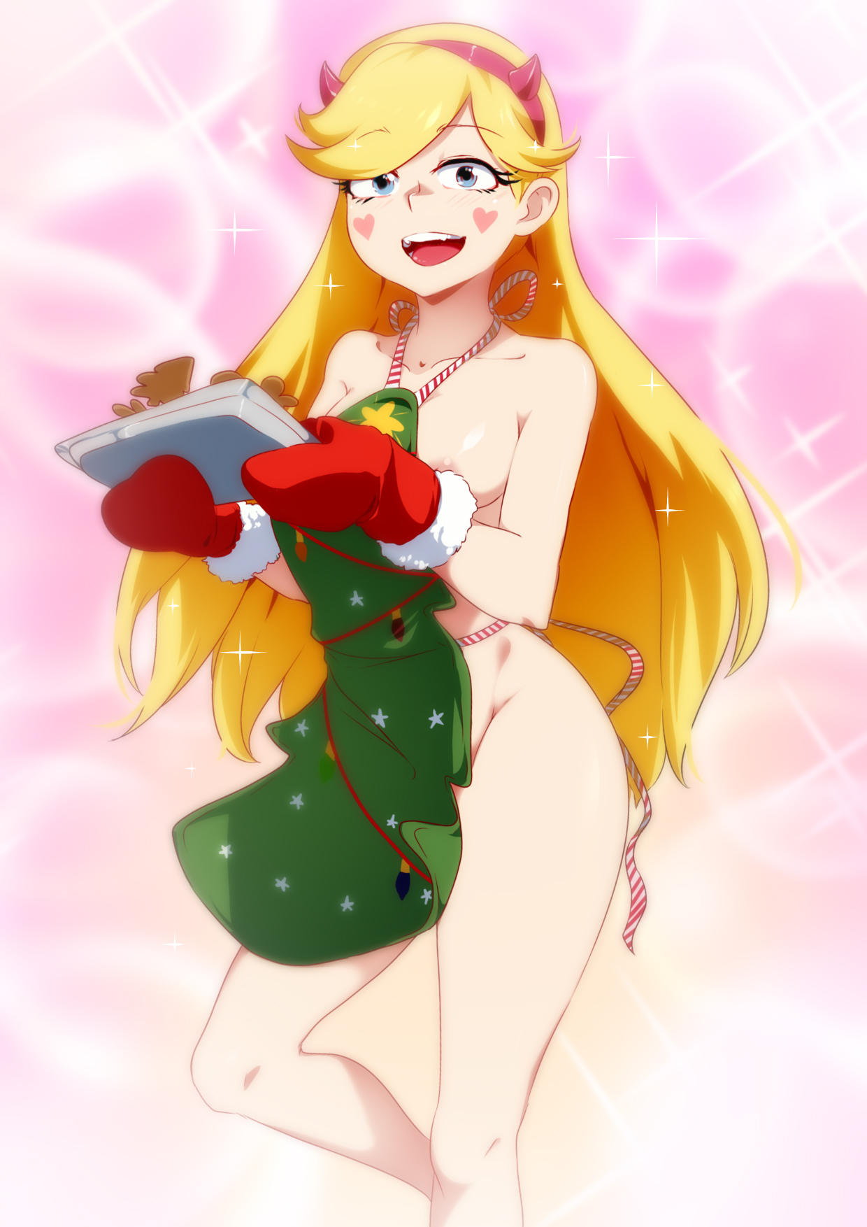 1girls, apron, apron only, bandana, blonde female, blonde hair, breasts, breasts exposed, casual, christmas, clothing, cookies, disney, disney channel, disney xd, female, fog, gloves, glowing, handwear, jcm2, long hair, looking at viewer, naked apron, nude, nude female, outerwear, pale skin, serving tray, solo, solo female, star butterfly, star vs the forces of evil, straight hair, voluptuous, white female