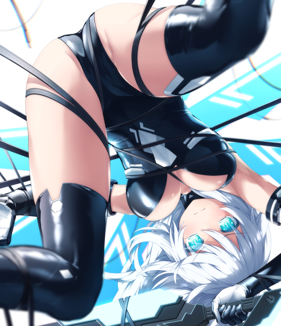 2022 black_heart blue_eyes bodysuit choujigen_game_neptune cleavage from_behind goribote neptunia_(series) noire power_symbol-shaped_pupils symbol-shaped_pupils tagme thighhighs white_hair