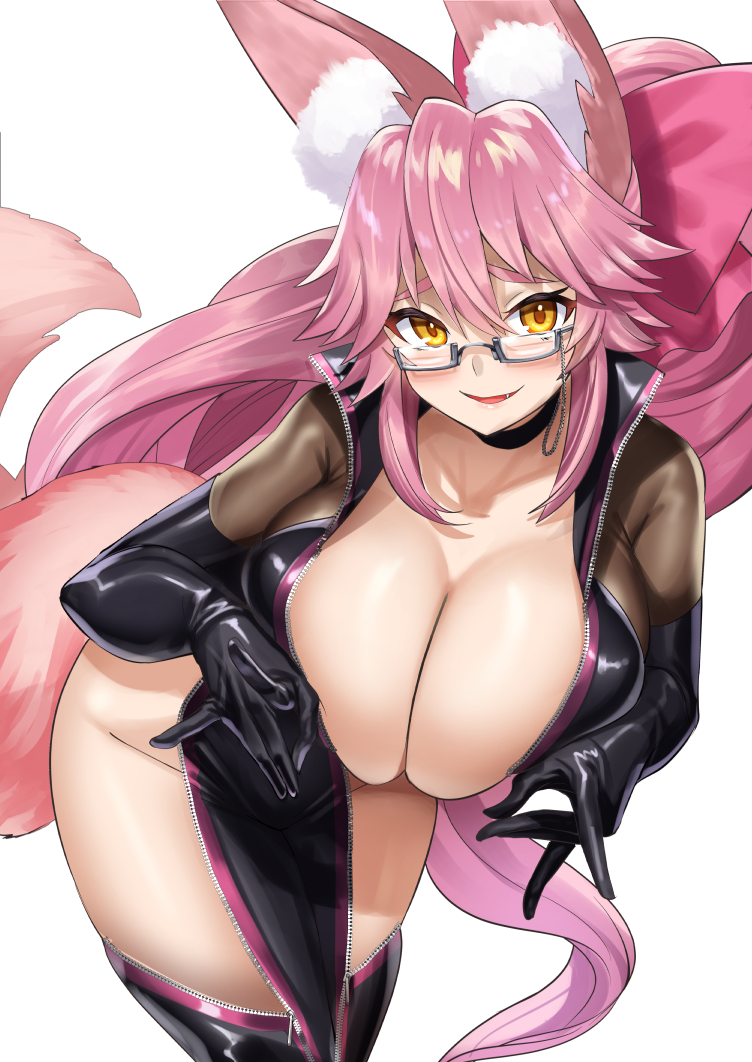 animal_ear_fluff animal_ears bangs black_bodysuit blush bodysuit bow breasts center_opening choker cleavage fate/grand_order fate_(series) female fox_ears fox_girl fox_tail glasses hair_between_eyes hairbow hip_vent koyanskaya_(assassin) koyanskaya_(assassin)_(first_ascension)_(fate) koyanskaya_(assassin_first_ascension) koyanskaya_(fate) large_breasts long_hair looking_at_viewer munyamunyako muunyan_(yumenekoya) pink_bow pink_hair ponytail revision sidelocks smile solo tail thighs white_background yellow_eyes