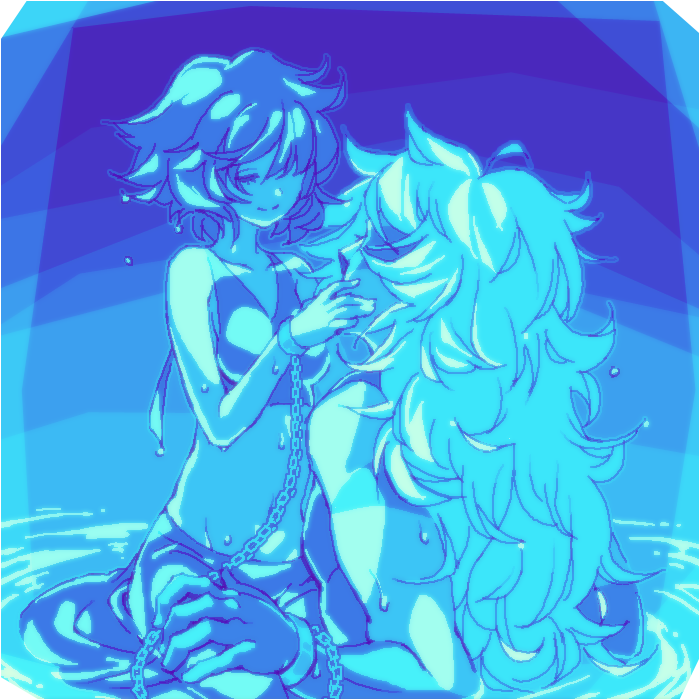 2girls bare_midriff bare_stomach belly blue_eyes blue_hair blue_skin blue_theme bondage bound bound_wrists chained chained_up chains crop_top dokur01 fluffy_hair hand_on_leg jasper_(steven_universe) lapis_lazuli_(steven_universe) long_hair lowleg lowleg_skirt midriff monochrome muscular_female navel restrained skirt small_breasts smaller_female smile steven_universe stomach swa660w water wet yuri