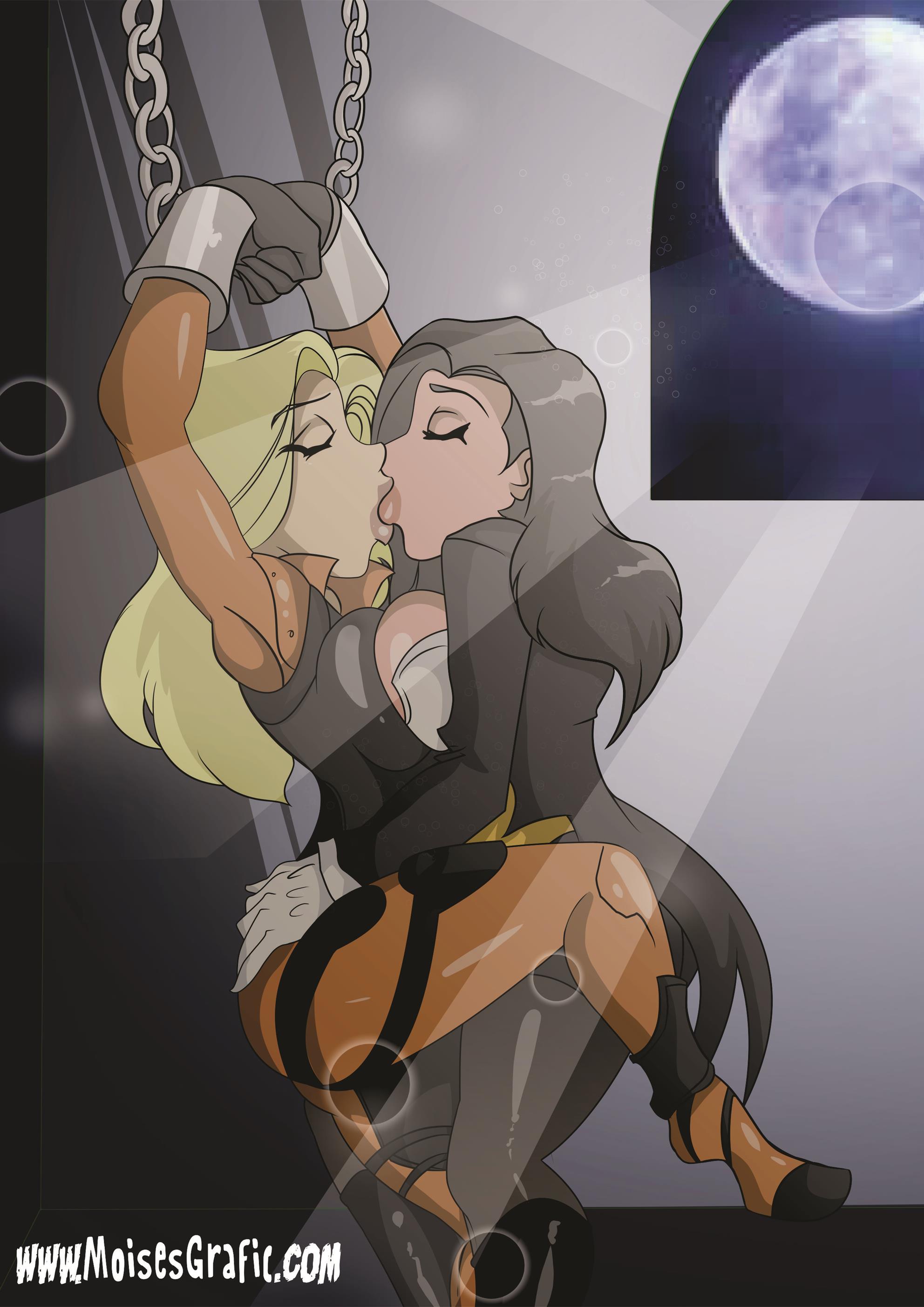 2girls, artemis crock, black hair, blonde hair, bound, bound wrists, chained up, chains, dc, dc comics, female, female only, kissing, lesbian, moisesgrafic, multiple females, multiple girls, straight hair, superheroine, tied up, young justice, yuri, zatanna