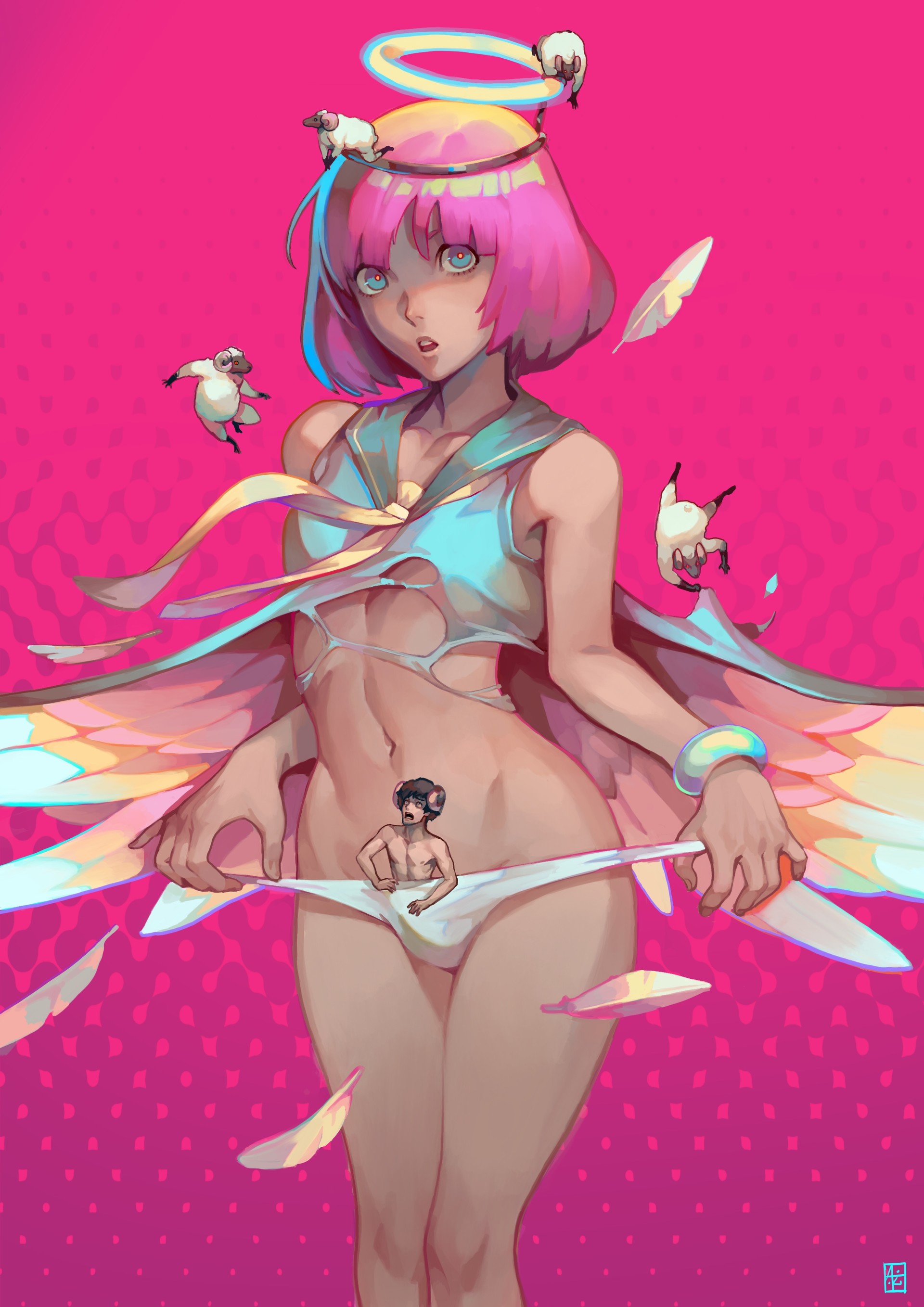 2boys, absurdres, alejandro tio, angel, angel wings, atlus, black hair, blue eyes, bulge, catherine (game), catherine: full body, femboy, girly, halo, highres, hip wings, horns, looking at viewer, male, male focus, male only, multiple boys, multiple males, navel, necktie, otoko no ko, panties, pink background, pink hair, rin (catherine), sailor collar, sheep, sheep horns, short hair, simple background, sleeveless, stomach, torn clothes, trap, underwear, vincent brooks, white panties, wings