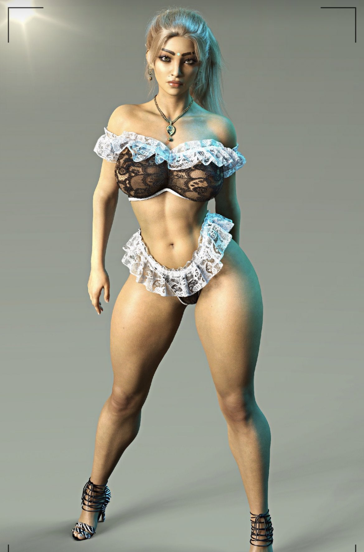3d, alternate breast size, apex legends, big breasts, bimbo, bimbofied, breasts, female, frills, gm studios, high heels, indian, indian female, lingerie, necklace, rampart (apex legends), sheer clothes, skimpy, solo, thick thighs, toned, voluptuous