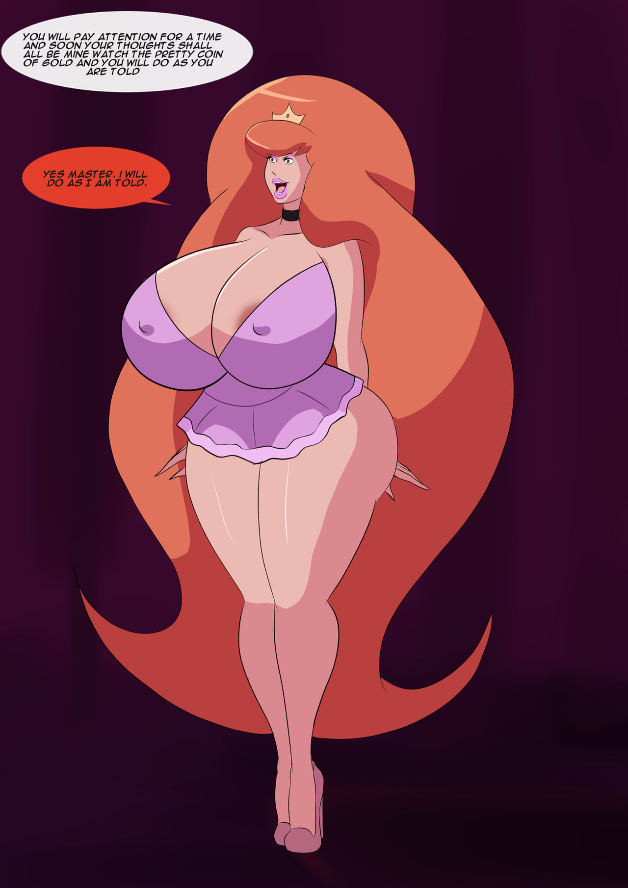 1girls, annon, areolae, ballerina, bimbo, breasts, choker, daphne blake, dialogue, erect nipples, female, female only, high heels, huge breasts, hypnosis, large breasts, nipples, offscreen character, orange hair, partially clothed, pink lipstick, pokies, scooby-doo, smile, solo, text, tiara