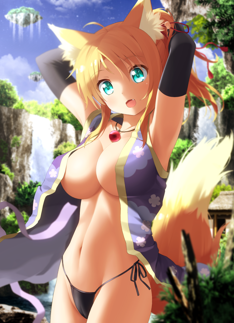 1girls armwear blonde_hair breasts dog_days female_only fox_ears fox_girl fox_tail goribote green_eyes kitsune panties tagme yukikaze_panettone