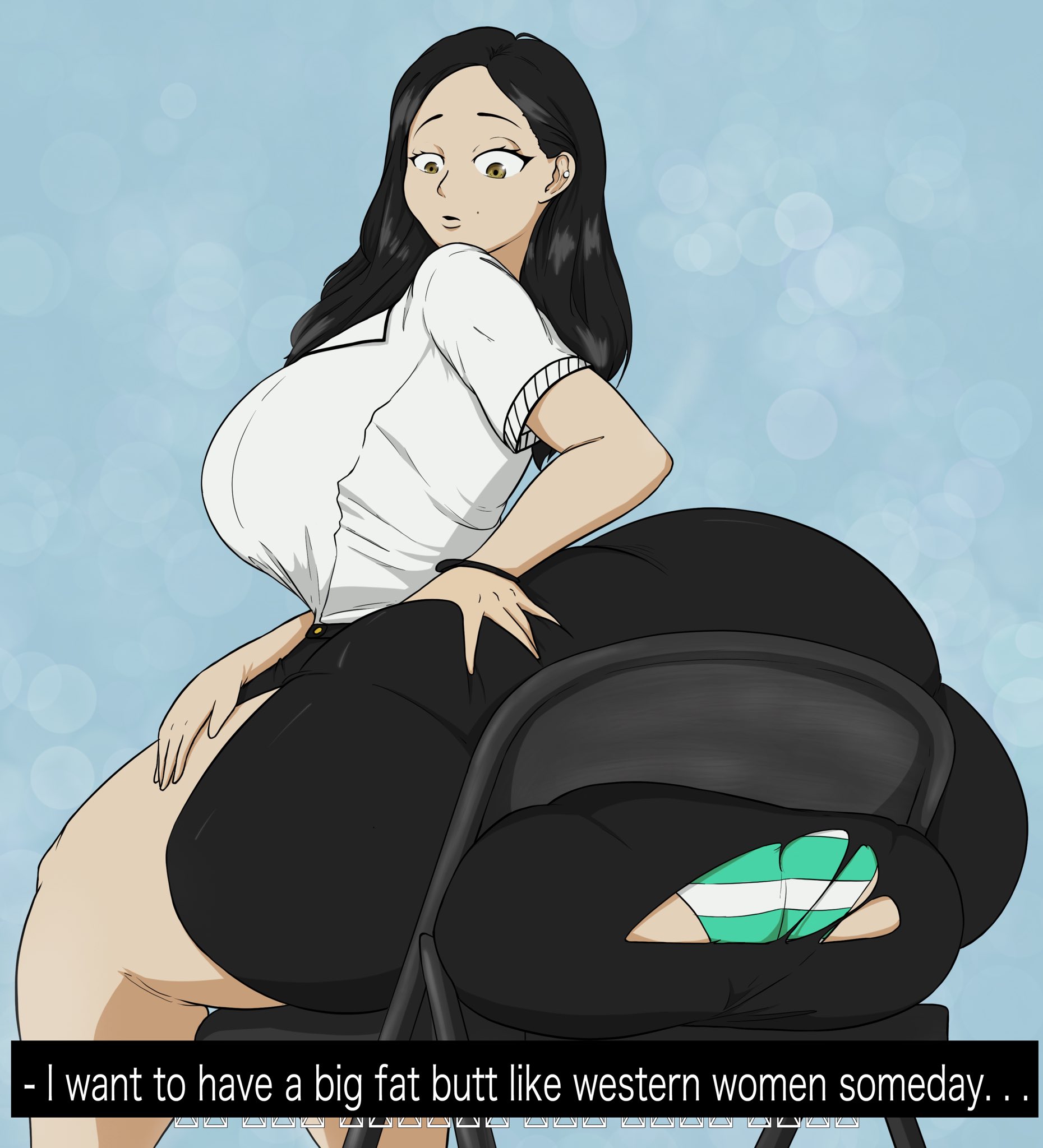 1girls, asian, asian female, ass, ass envy, ass expansion, ass in dress, ass size talk, big ass, big breasts, big butt, black hair, bottom heavy, breasts, chair, curvy, english text, fat ass, fat butt, female, female only, huge ass, huge butt, hyper, hyper ass, interview girl, large ass, large butt, massive ass, meme, mingmang, morionite, original, panties visible through clothing, pantylines, real person, shimapan, size talk, text, thick thighs, thunder thighs, torn clothes, torn clothing, undersized clothes, wardrobe malfunction