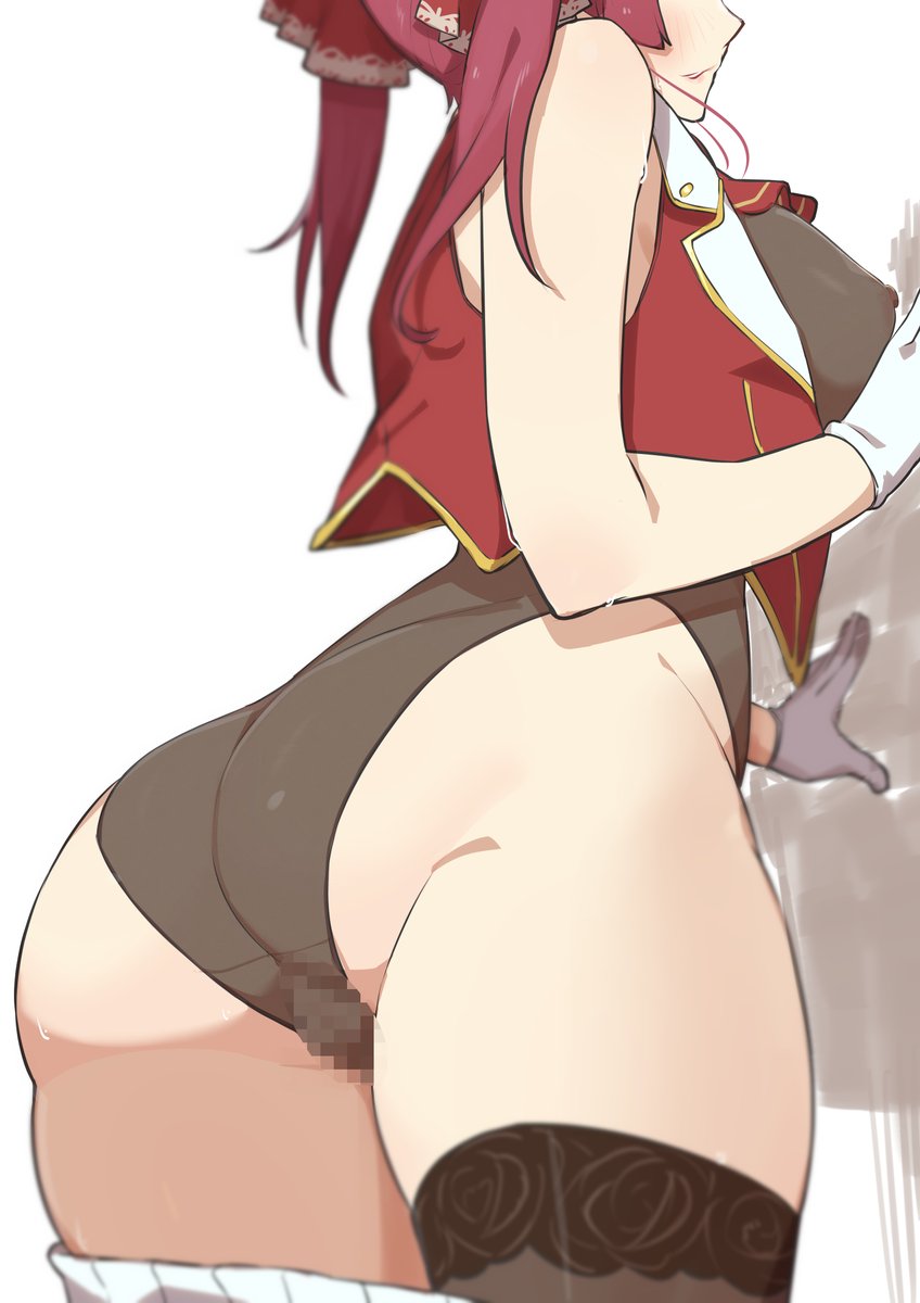 1girls, against wall, areolae, big breasts, blush, breasts, breasts out, censored, censored pussy, female, gloves, hair ribbon, hololive, hololive fantasy, hololive japan, houshou marine, large breasts, morisobo, mosaic censoring, nipples, pussy, red hair, skirt, skirt down, solo, standing, stockings, sweat, twintails, virtual youtuber, white background