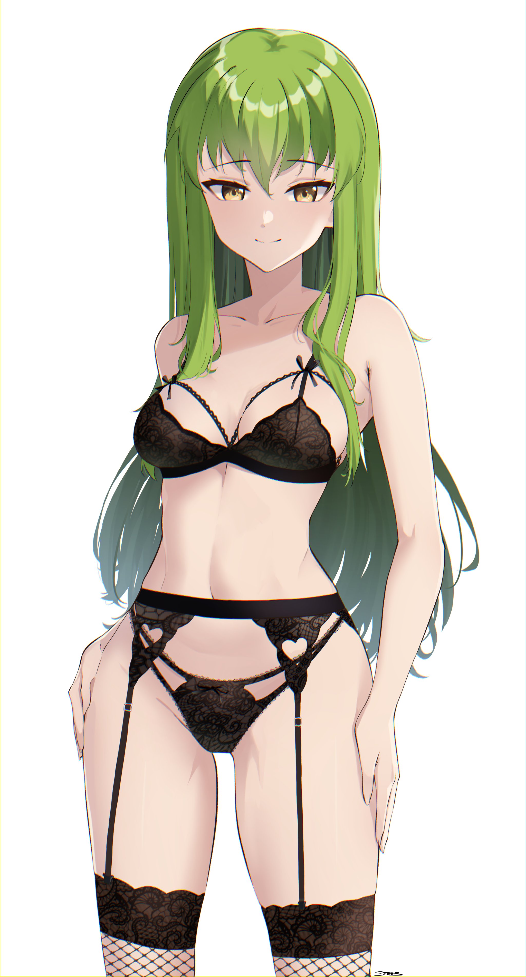 1girls, black bra, black legwear, black panties, black thighhighs, bra, breasts, brown eyes, c.c., clothing, code geass, female, garter belt, garter straps, green hair, lingerie, long hair, matching underwear, medium breasts, panties, smile, solo, steeb, stockings, thighhighs, wide hips, yellow eyes