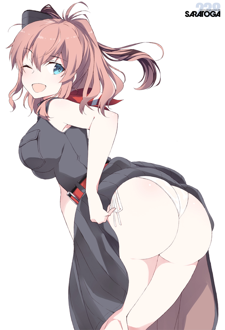 ass black_dress blue_eyes breast_pocket brown_hair character_name dress eyebrows_visible_through_hair feet_out_of_frame female hair_between_eyes kantai_collection long_hair milf one_eye_closed open_mouth panties pocket saratoga_(kantai_collection) shigino_sohuzi side_ponytail simple_background sleeveless sleeveless_dress smile solo underwear white_background white_panties