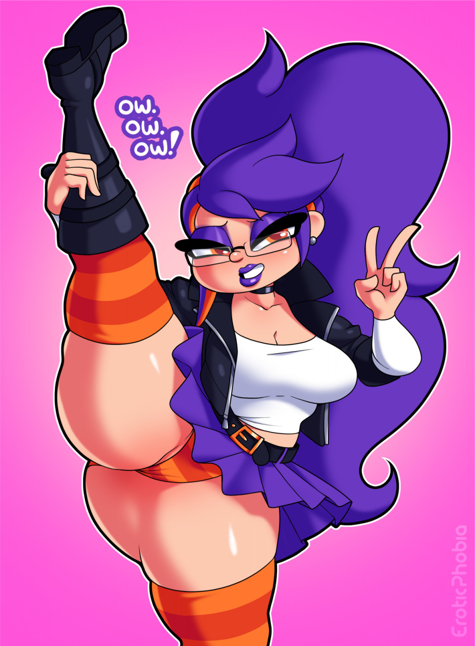 ari (eroticphobia), eroticphobia, legs up, original, pain, panties, peace sign, purple hair, purple skirt, skirt, stretching, upskirt, vertical splits