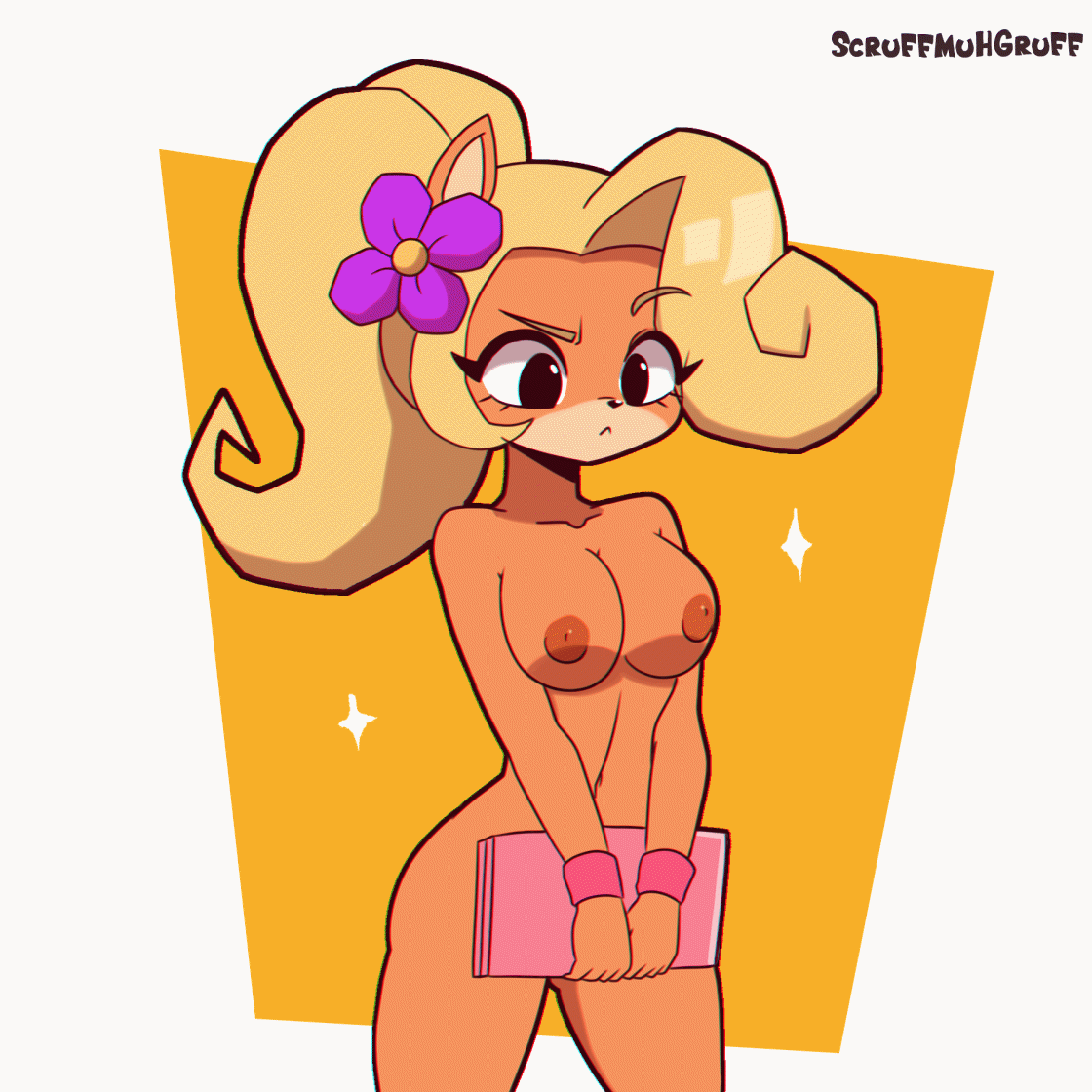 :<, 1girls, 2d, alternate version available, animated, anthro, bandicoot, big breasts, black eyes, breast press, breast squeeze, breasts, coco bandicoot, computer, crash (series), crash bandicoot (series), cute, electronics, female, female only, flower in hair, fur, furry, furry only, gif, laptop, loop, marsupial, midriff, mostly nude, mutant, naked, nipples, nude, orange fur, ponytail, scruffmuhgruff, short playtime, simple background, solo, solo female, thighs, wristwear