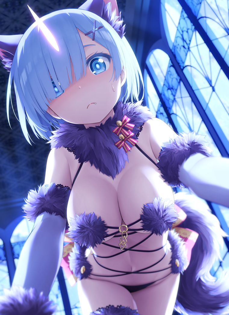 1girls animal_ears armwear blue_eyes blue_hair breasts cosplay fake_tail fang_out fate_(series) female female_only fur_bikini fur_collar fur_trim goribote hair_over_one_eye horn horns large_breasts light-skinned_female light_skin matching_hair/eyes medium_breasts oni panties pov purple_tail re:zero_kara_hajimeru_isekai_seikatsu rem_(re:zero) sweat teenage_girl teenager thighs underwear wolf_costume wolf_ears wolf_tail x_hair_ornament