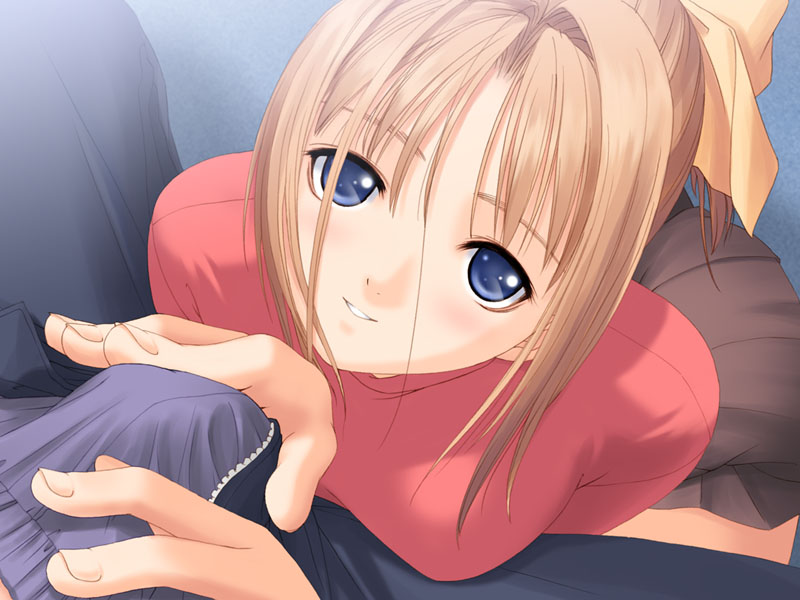 1boy 1girls after... blonde_hair blue_eyes blush bow brown_hair bulge close-up clothed_erection dutch_angle female from_above game_cg hairbow handjob handjob_over_clothes happy looking_up male official_art penis ponytail pov shiomiya_kanami skirt smile straight taka_tony tied_hair unzipped