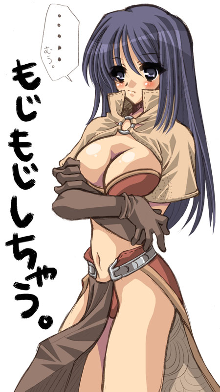 blue_eyes blue_hair blush breasts capelet cleavage favorite_empress gloves hakoiri_nyanko japanese_text loincloth long_hair mage mage_(ragnarok_online) magician panties pantyshot ragnarok_online underwear