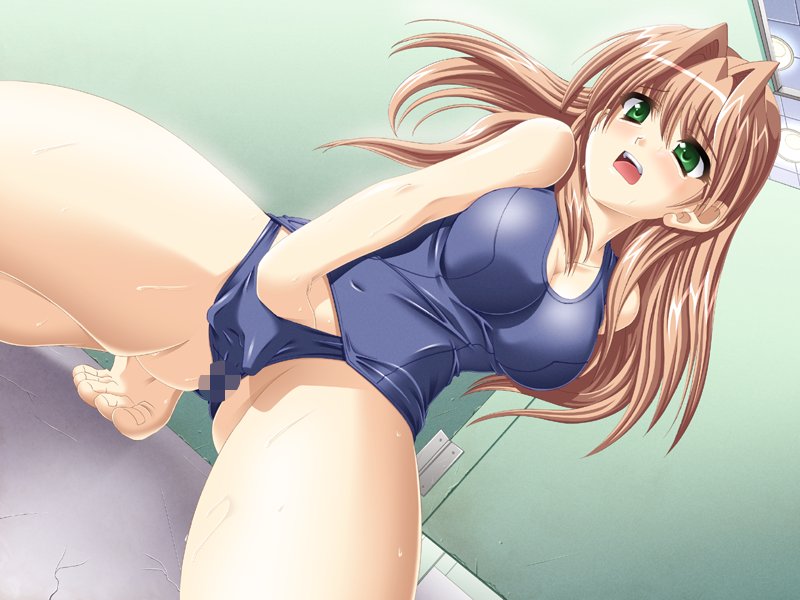 barefoot brown_hair censored dutch_angle feet game_cg green_eyes hand_in_swimsuit long_hair masturbation one-piece_swimsuit open_mouth presence sasakawa_ai school_swimsuit solo sukumizu_flap sweat swimsuit toes