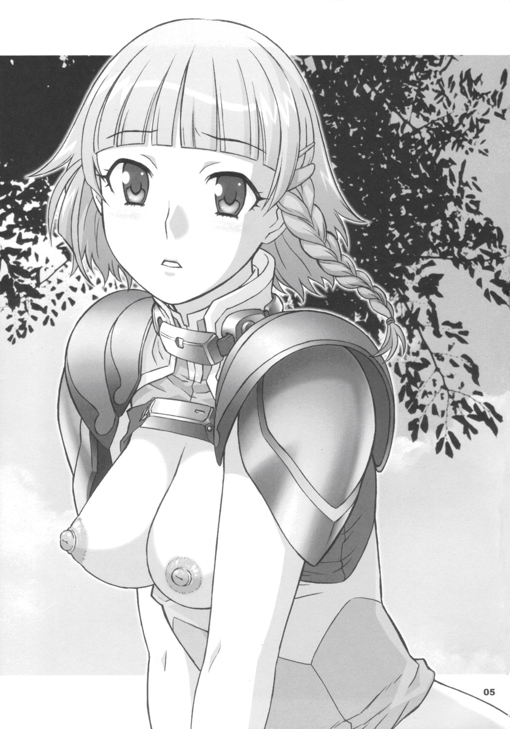 1girls armor bangs blunt_bangs blush braid breasts bust cloud doujinshi embarrassed female hair_ornament hairclip highres leaf leaning_forward looking_at_viewer looking_back monochrome nipples no_bra open_clothes open_shirt outdoors pauldrons perky_breasts profile public_nudity puffy_nipples scan seolla_schweizer short_hair shoumaru_(gadget_box) side_braid sky solo super_robot_wars tree turtleneck