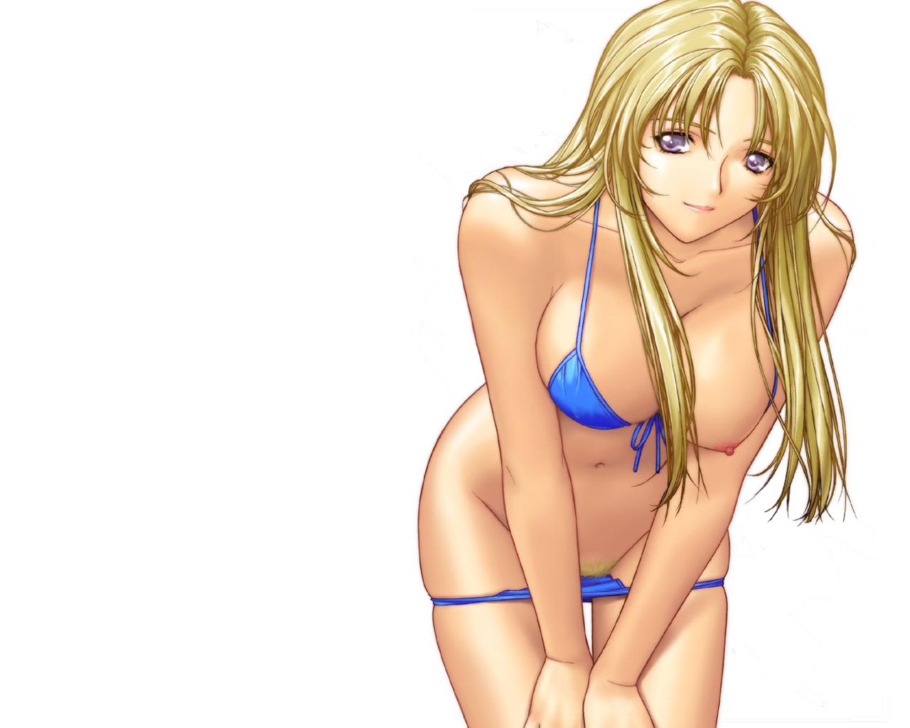 bikini blonde_hair breast_slip breasts female female_only huge_breasts human jane large_breasts leaning_forward long_hair nipple_slip nipples one_breast_out original pubic_hair purple_eyes solo swimsuit wallpaper yumenosuke