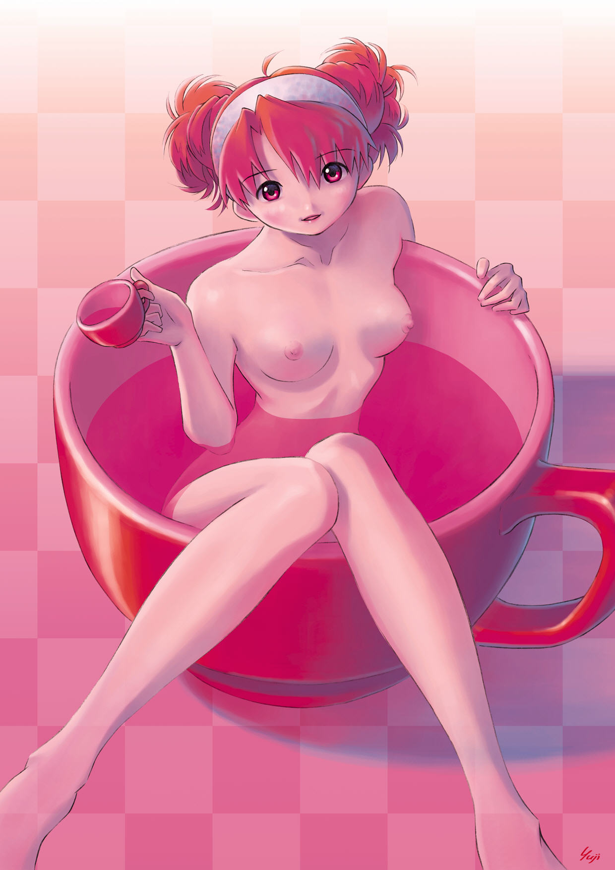 1girls barefoot breasts cup female girl_in_a_cup highres in_container in_cup kobayashi_yuji kobayashi_yuuji nipples nude red_hair solo