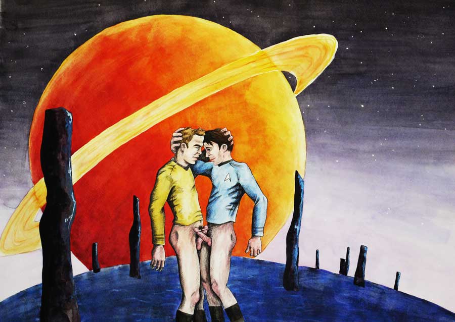 2boys blue_shirt boots bottomless dark_brown_hair eye_contact gay golden_shirt holding_head james_t._kirk leonard_mccoy light_brown_hair looking_at_partner penises_touching ringed_planet saturn star_trek tagme tripperfunster yaoi