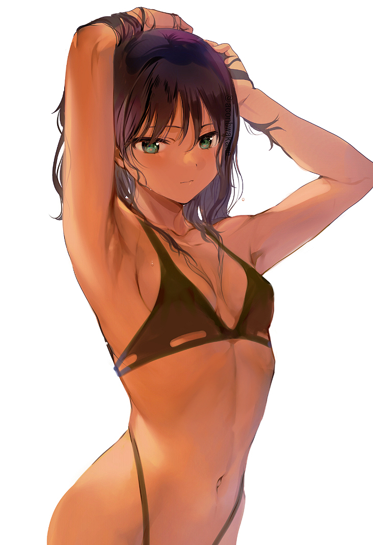 armpits arms_up bangs bikini black_bikini black_hair breasts closed_mouth commentary dark-skinned_female dark_skin eyebrows female female gradient_hair green_eyes hands_in_hair highleg highleg_bikini konbu_wakame long_hair looking_at_viewer multicolored_hair navel original purple_hair simple_background small_breasts solo sweat swimsuit twitter_username watermark white_background