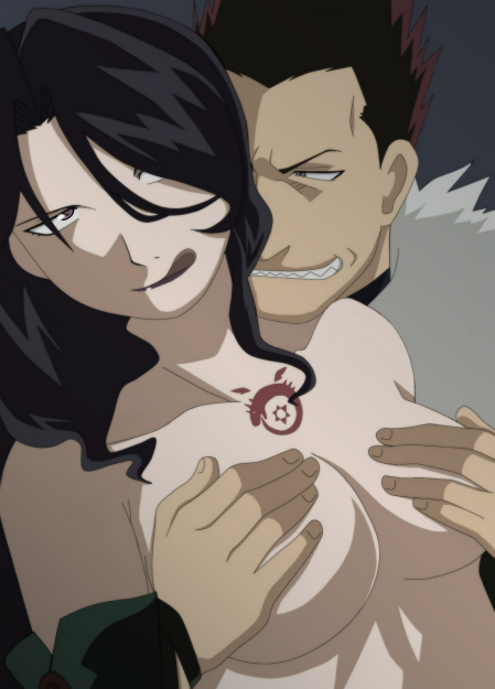 beige_skin big_sister black_hair breast_grab breasts brown_hair color female fullmetal_alchemist greed_(fullmetal_alchemist) grin grope groping hair homunculus licking licking_lips looking_at_another lust_(fullmetal_alchemist) male older_female round_ears straight tan_skin tattoo tongue younger_brother younger_male