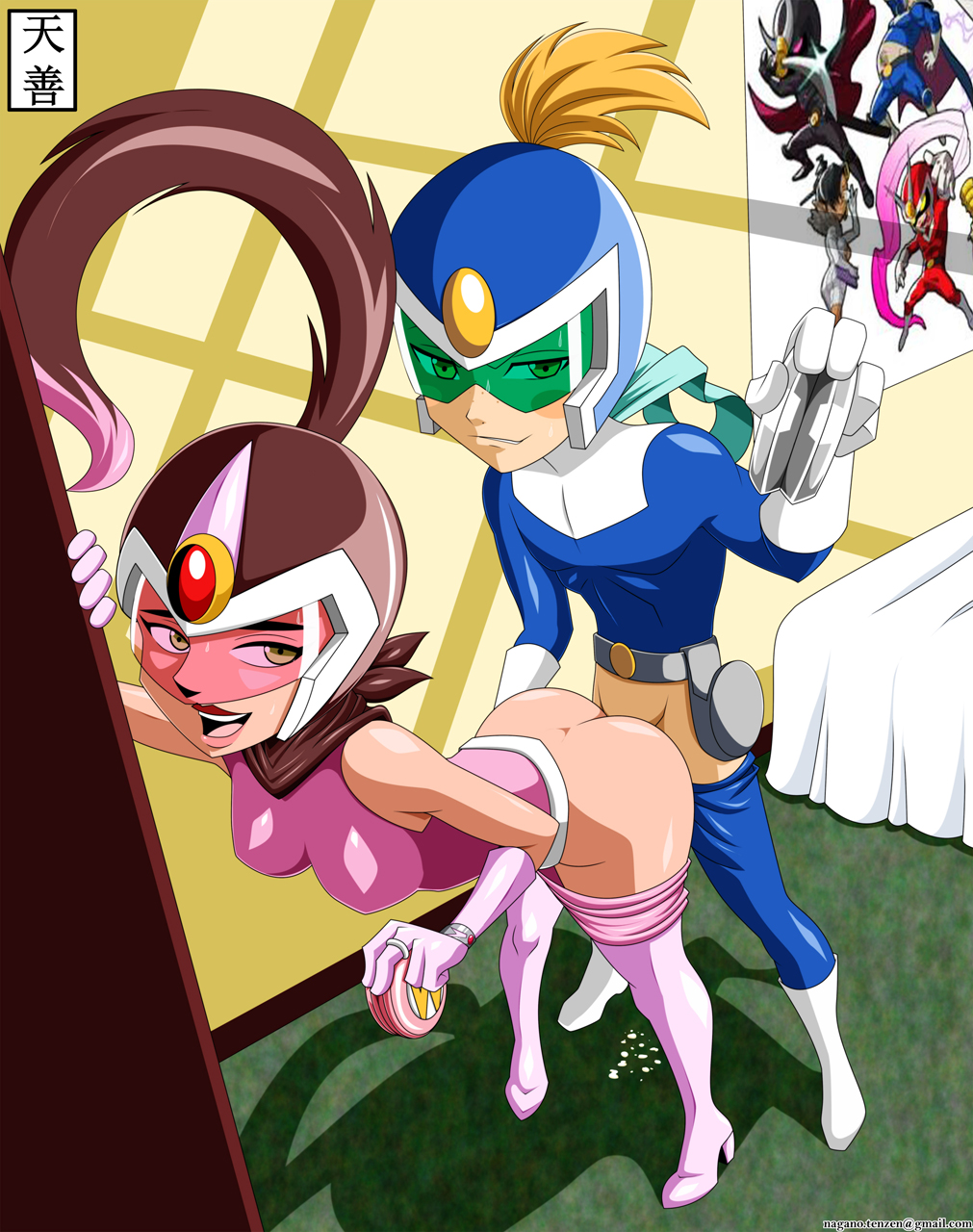 1boy 1girls bodysuit captain_blue_jr. crossover doggy_style pink-tinted_eyewear tenzen the_secret_saturdays tinted_eyewear viewtiful_joe visor wadi yoyo