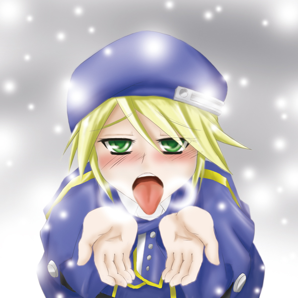 blazblue blush cupped_hands noel_vermillion snow tongue_out