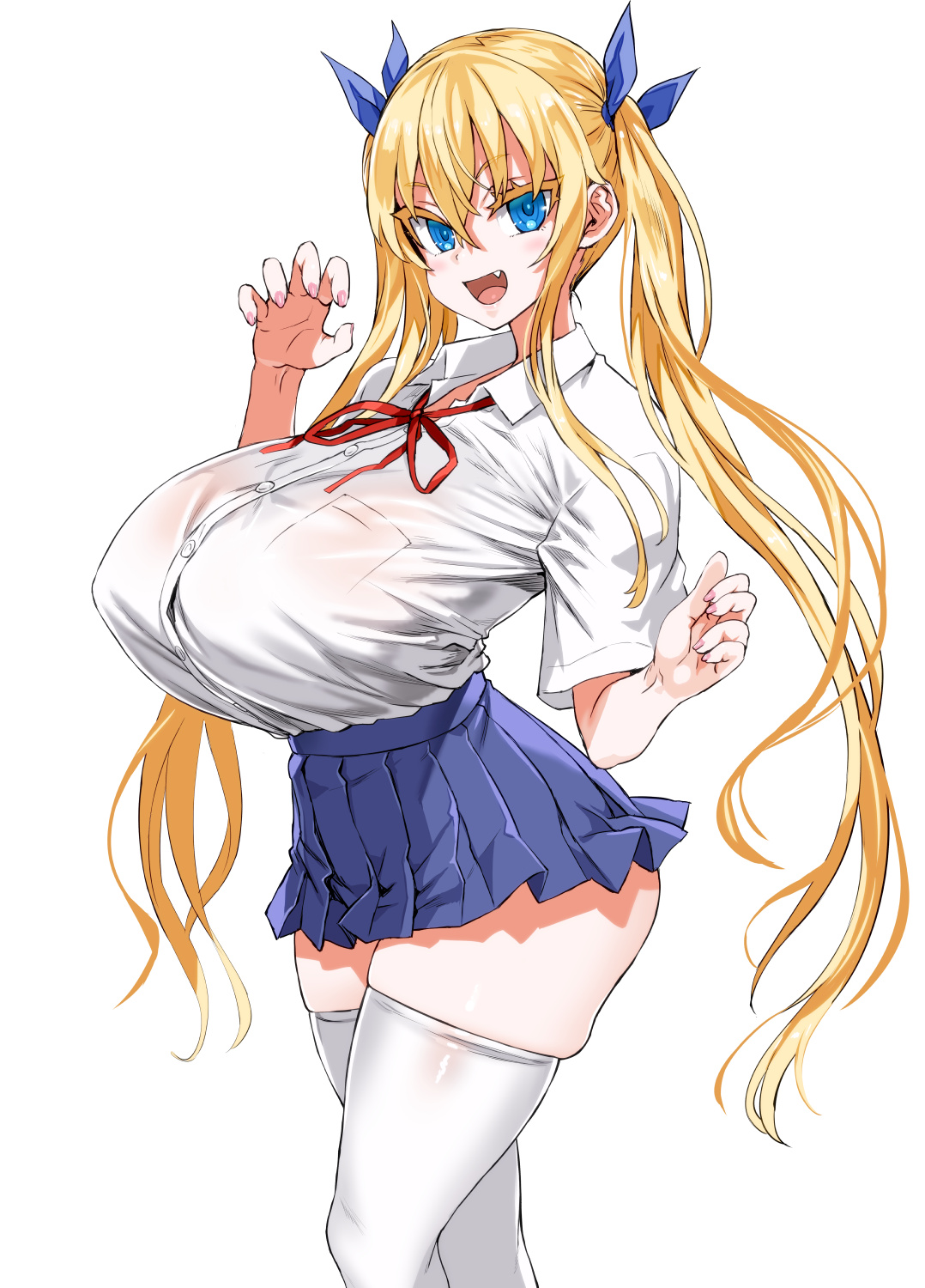 1girls, asanagi, big breasts, blonde hair, blouse, blue eyes, breasts, button gap, button-up, curvy, female, female only, hair ribbon, hourglass figure, huge breasts, light skin, light-skinned female, lingerie, looking at viewer, miniskirt, original, pale skin, pale-skinned female, school uniform, schoolgirl, shirt, shortstack, simple background, skirt, solo, stockings, thick thighs, thighhighs, tied hair, twintails, white background