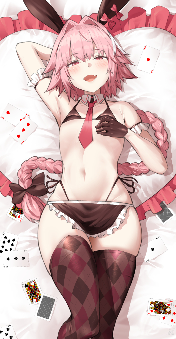 1boy 1femboy 2022 astolfo_(fate) astolfo_(saber)_(fate) braided_hair bunny_ears crossdressing crossdressing_male cute_fang detached_collar fate/apocrypha fate/grand_order fate_(series) femboy femboy_only long_hair looking_at_viewer lying_on_back maid_bikini male male_focus male_only naughty_face necktie pink_eyes pink_hair playing_card slim_waist thong uo_denim very_long_hair