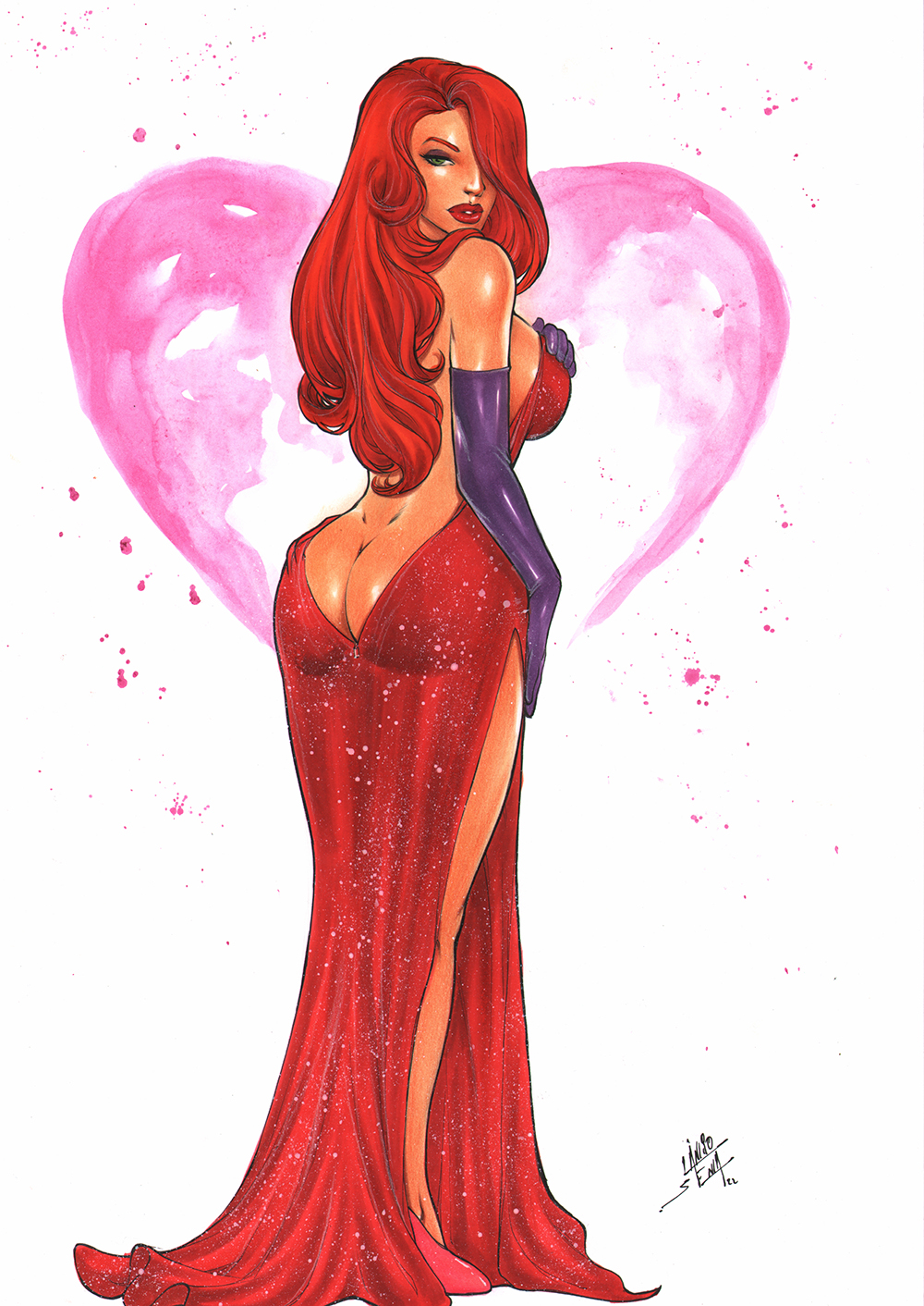 ass, disney, ed benes studio, female, female ass, jessica rabbit, lanio sena, looking at viewer, looking back, red hair, who framed roger rabbit