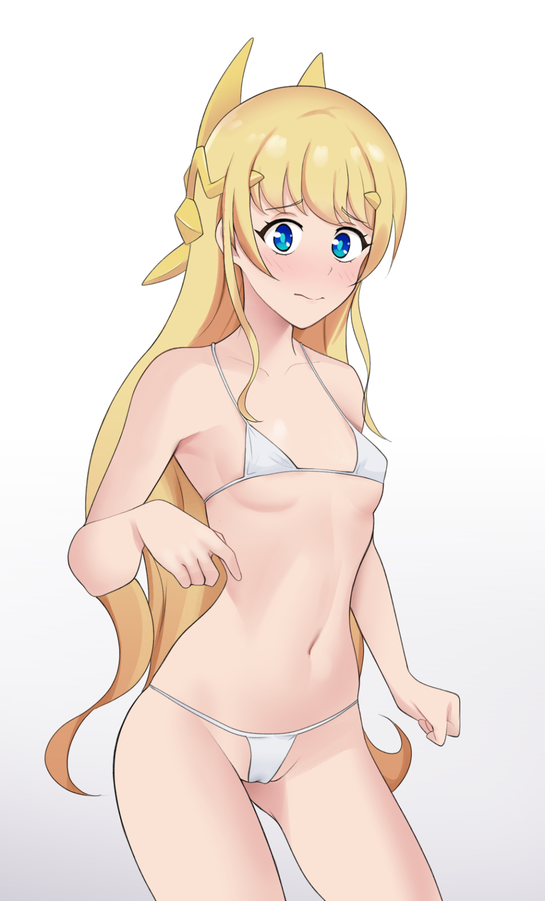1girls, blonde hair, blue eyes, blush, breasts, cameltoe, embarrassed, eqeart, eye contact, fantasy bishoujo juniku ojisan to, female, female only, flat chest, long hair, looking at viewer, micro bikini, pussy, small breasts, solo, standing, tachibana hinata (fantasy bishoujo), thighs, white background