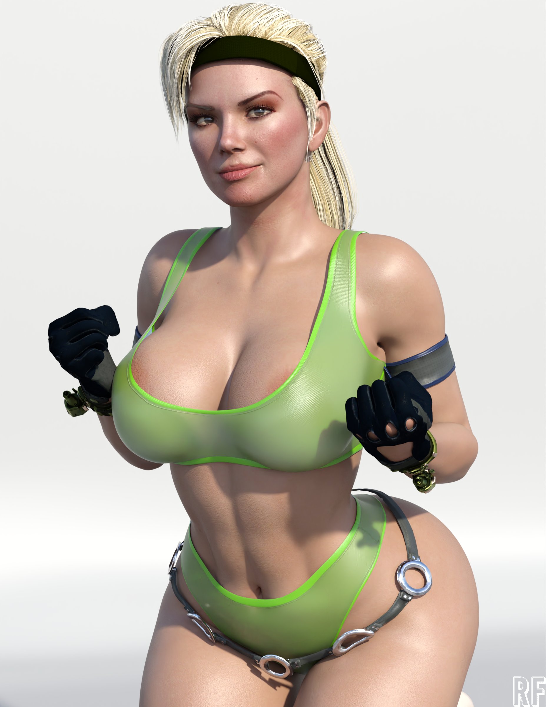 1girls, 3d, abs, absurd res, areola slip, areolae, ass, big ass, big breasts, big butt, blonde hair, breasts, brown eyes, bubble ass, bubble butt, cleavage, female, female only, hi res, large breasts, mortal kombat, mortal kombat 11, muscular, muscular female, rude frog, solo, sonya blade, thighs, wide hips