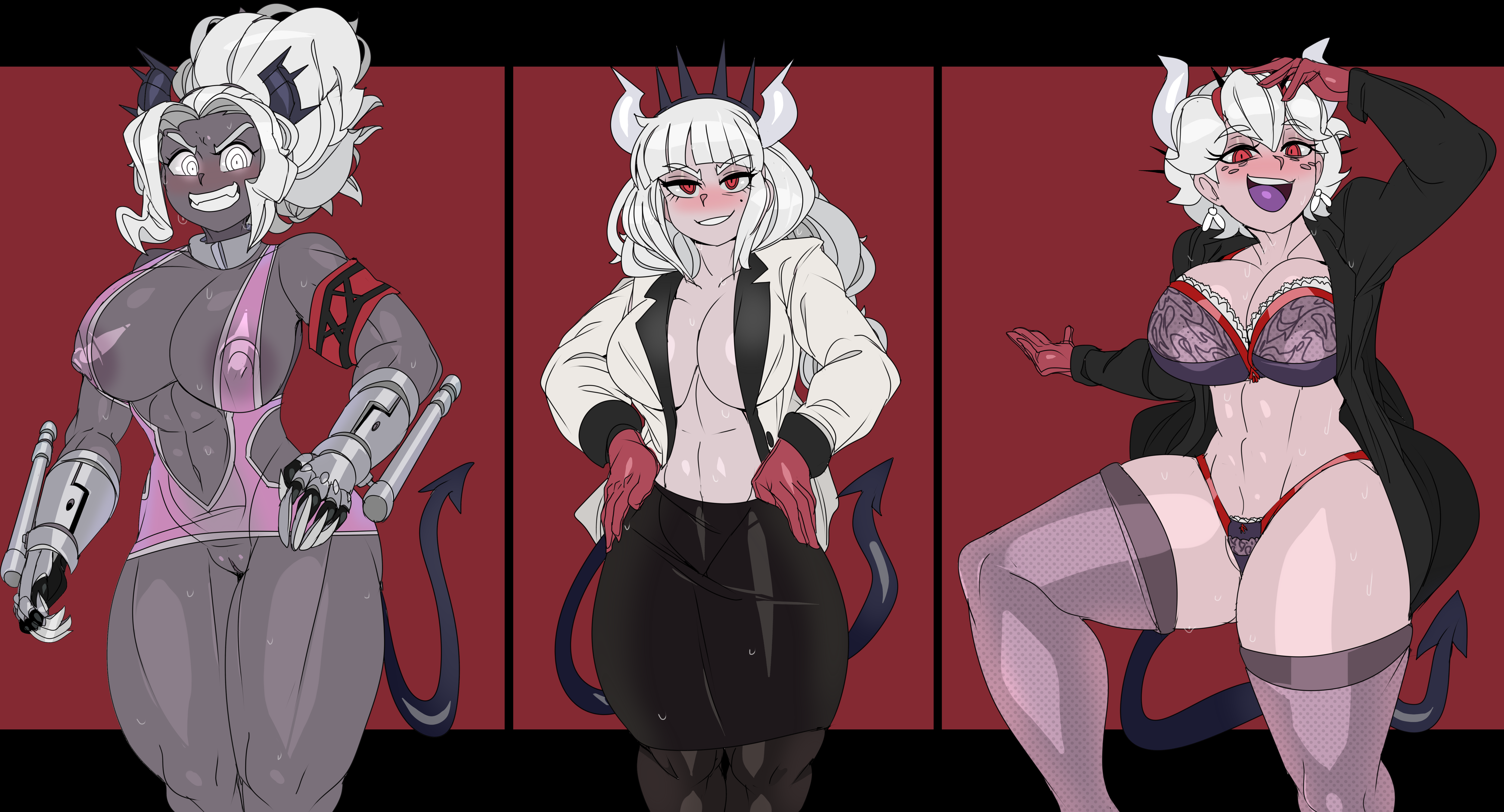 3girls, absurd res, areola, areola slip, areolae, bare shoulders, beelzebub (helltaker), big breasts, blush, bra, breasts, captain kirb, cleavage, crown, demon tail, female, fit, fit female, grey body, helltaker, high resolution, horn, judgement (helltaker), lingerie, looking at viewer, lucifer (helltaker), multiple females, multiple girls, navel, nipple bulge, open mouth, open smile, panties, pencil skirt, pussy, red background, red eyes, revealing clothes, simple background, skirt, smile, thick thighs, thighhighs, white eyes, white hair
