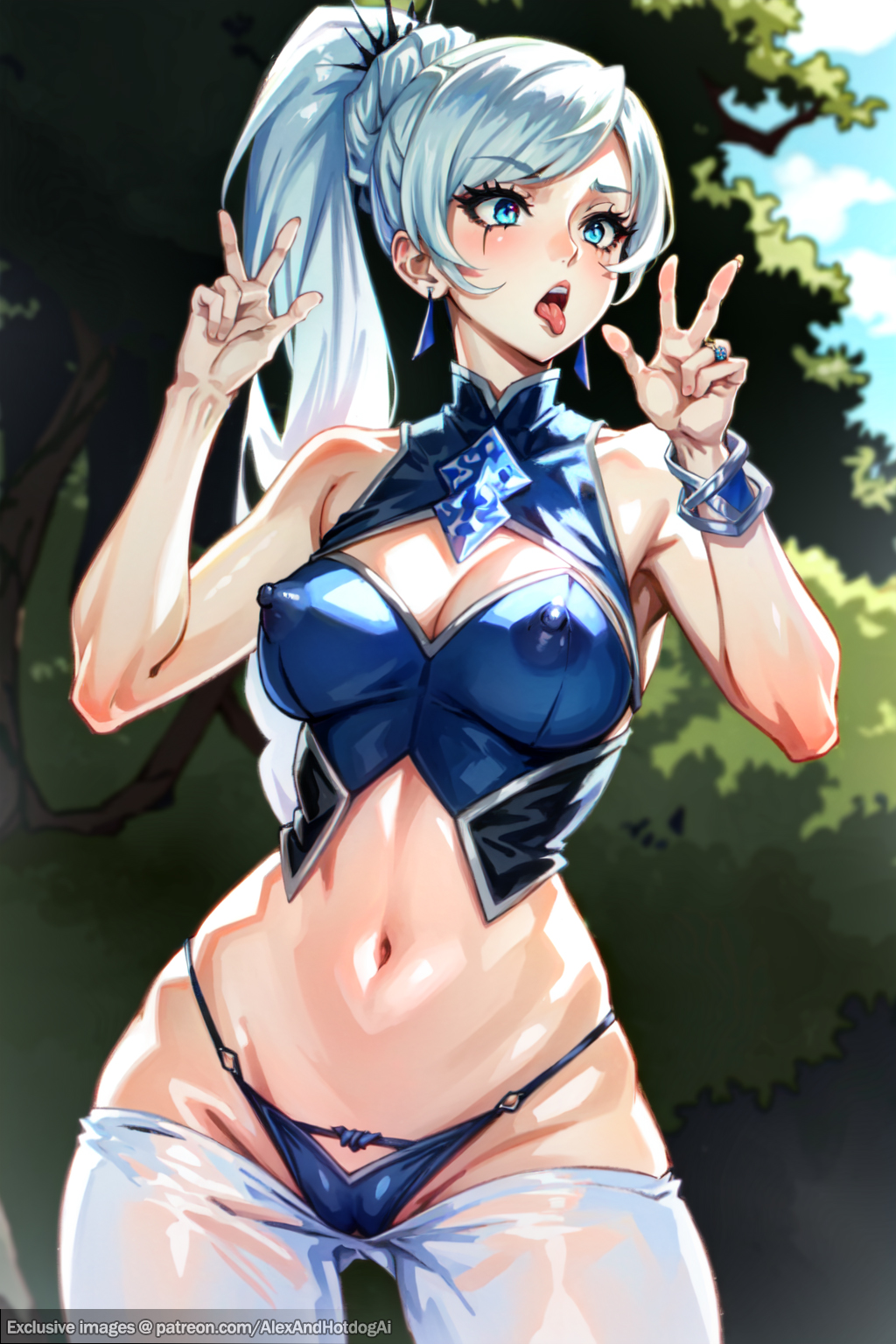 ai generated, alexandhotdogai, braid, double peace sign, female, long braid, long hair, midriff, peace sign, rwby, stable diffusion, thighhighs, thong, tongue, tongue out, visible nipples, weiss schnee, white hair, wide hips